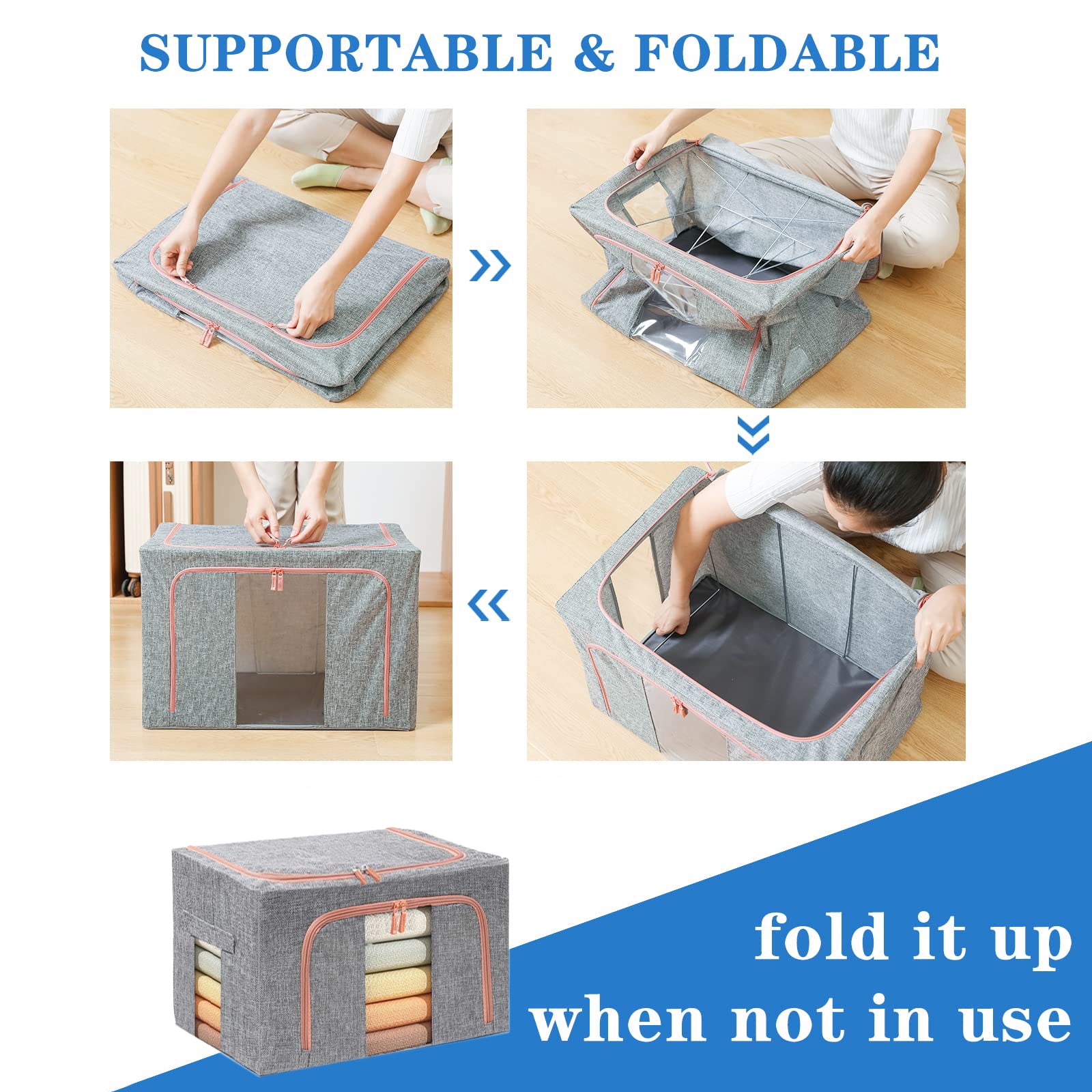 Grey fabric storage box with dual side openings and orange zipper trim, foldable