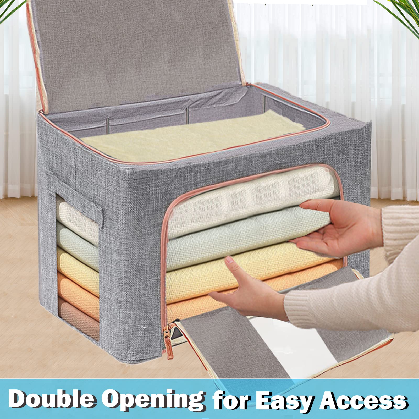 Grey storage cube with double front opening, orange zipper, holding folded clothes