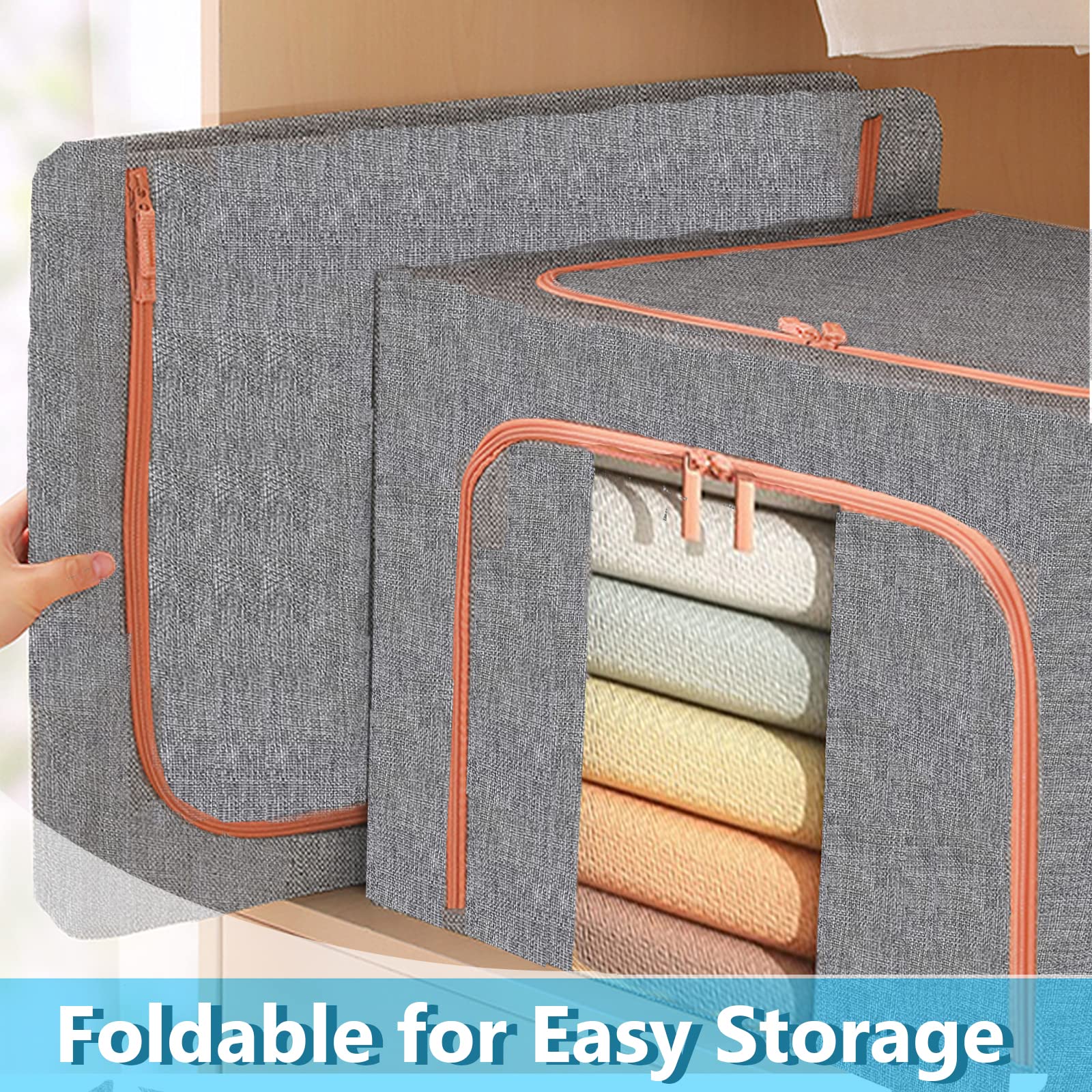 Grey fabric storage box with front window panel and orange zip handles, open