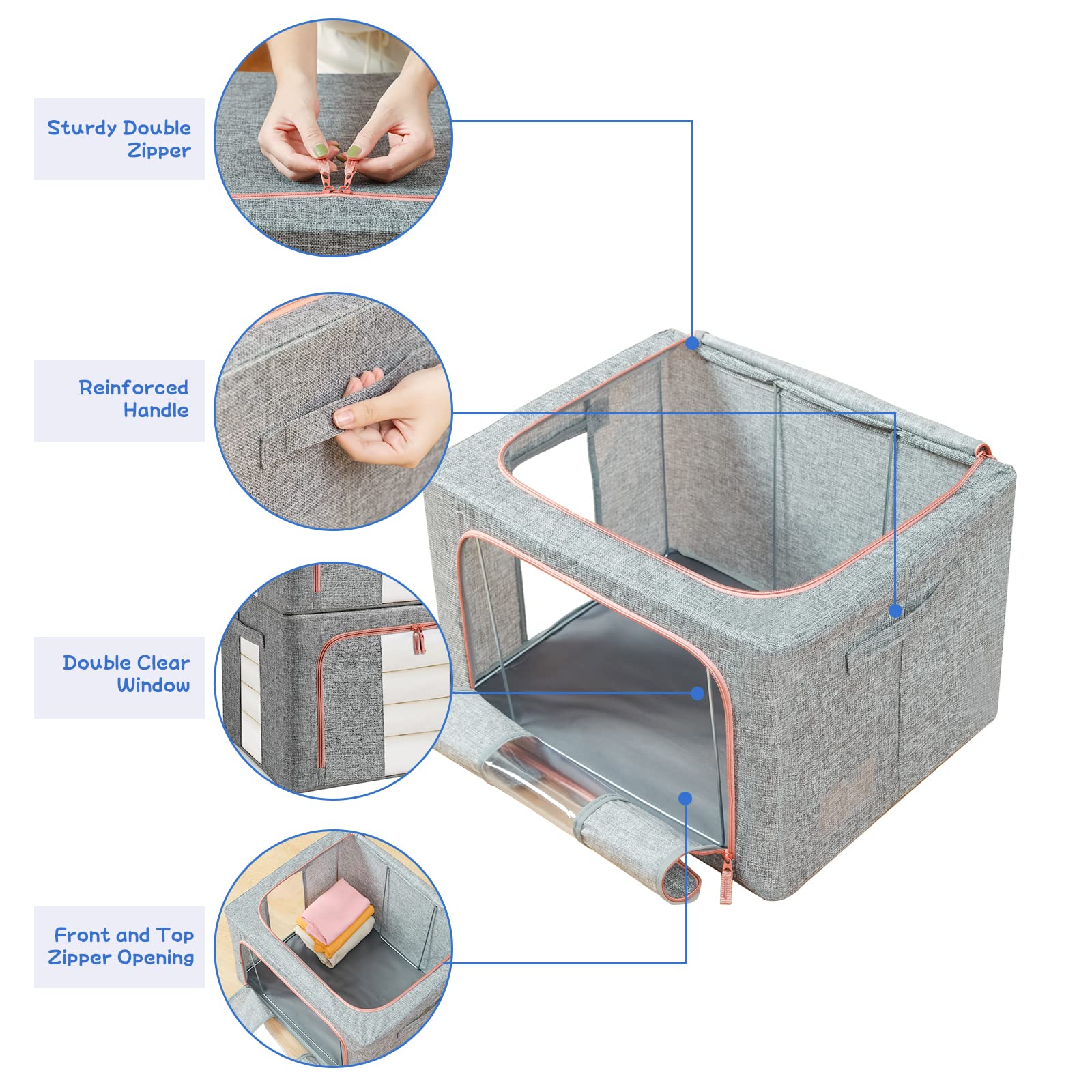 Grey fabric storage box with clear window, double zipper opening, reinforced edges