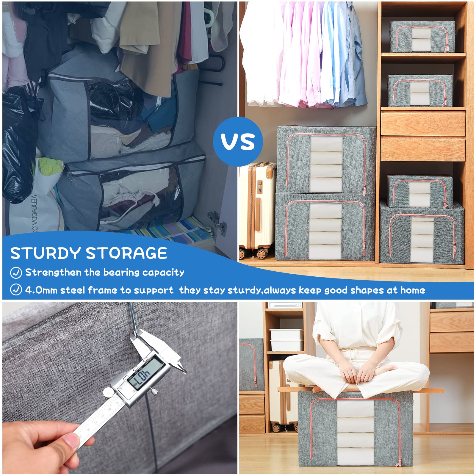 Grey fabric storage box with stacked shelves, orange zipper trim, standing upright