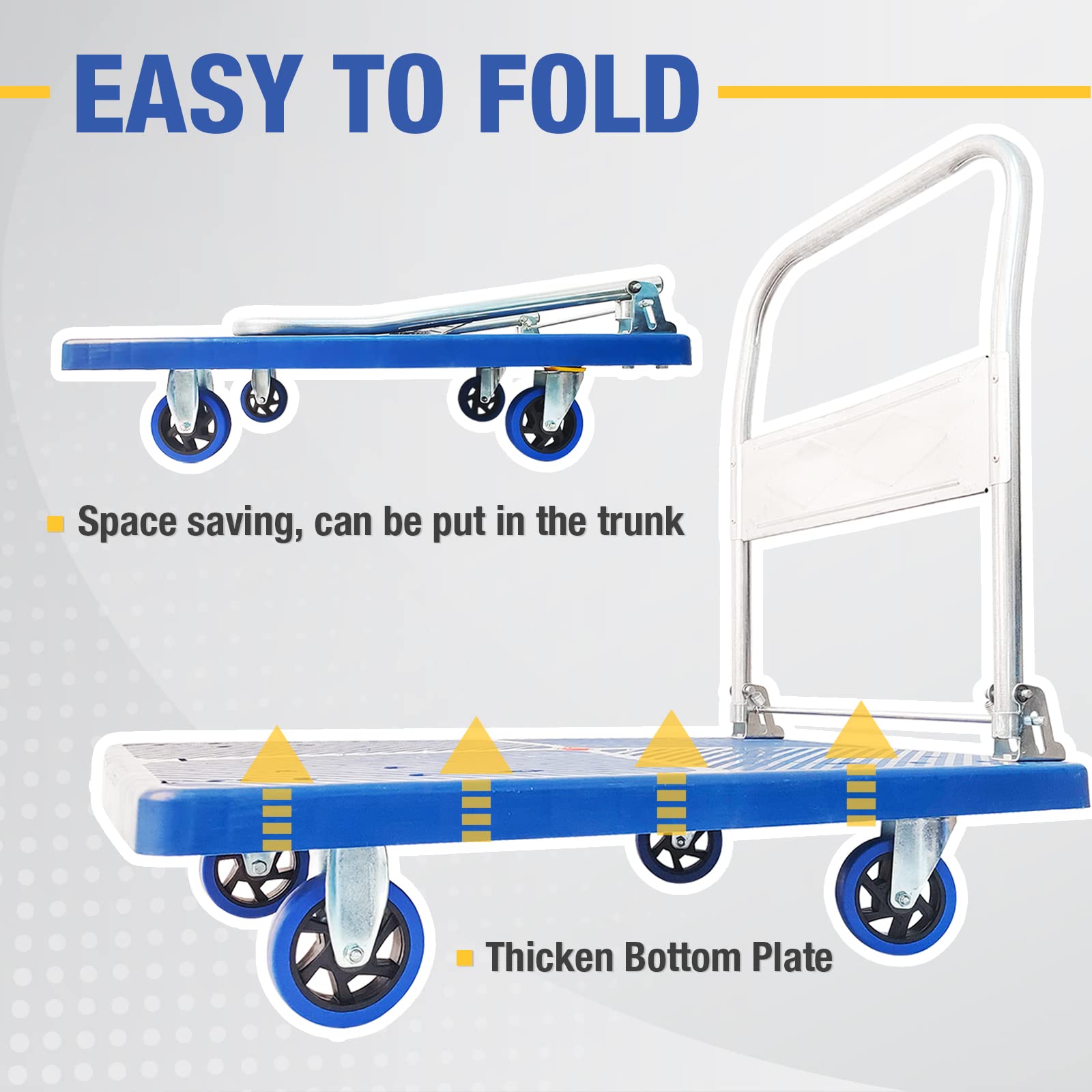 Foldable platform trolley cart in open position, blue deck and swivel caster wheels