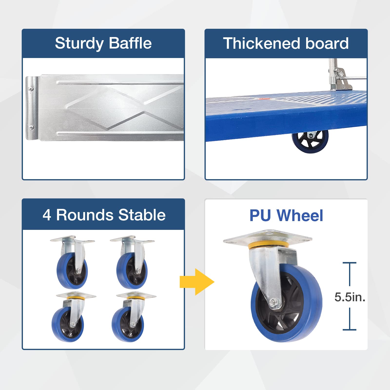 Blue platform trolley cart with four PU wheels and reinforced side rails