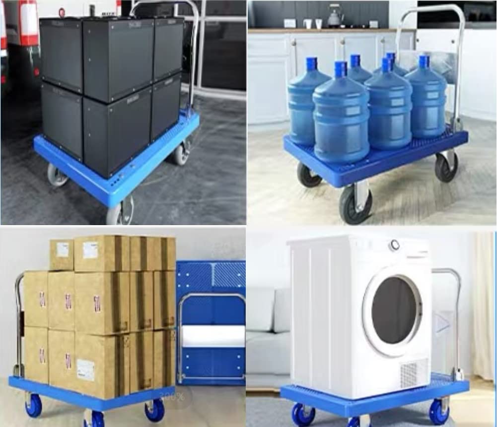 Blue platform trolley cart with white frame and swivel wheels holding packages