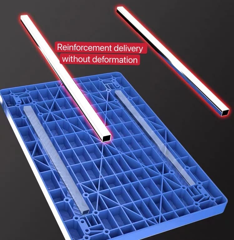 Blue plastic platform deck with grid reinforcement and raised support channels