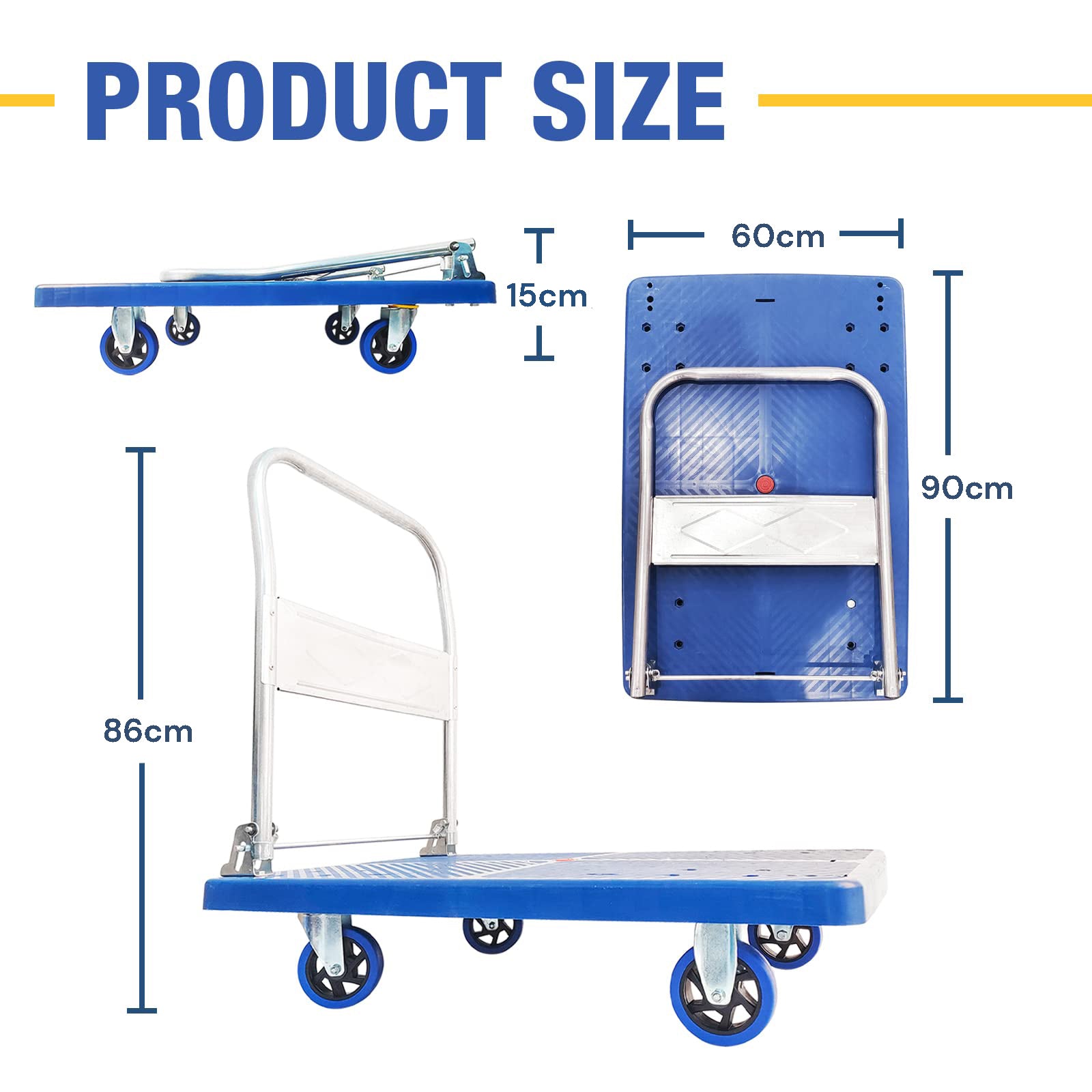 Blue foldable platform trolley cart with white handle and swivel caster wheels