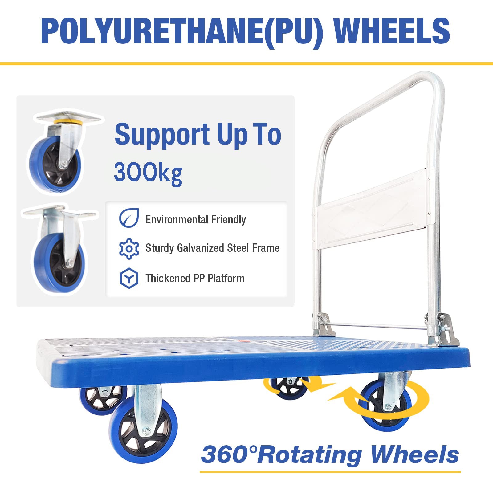 Blue platform trolley cart with white handle and 360° rotating swivel wheels