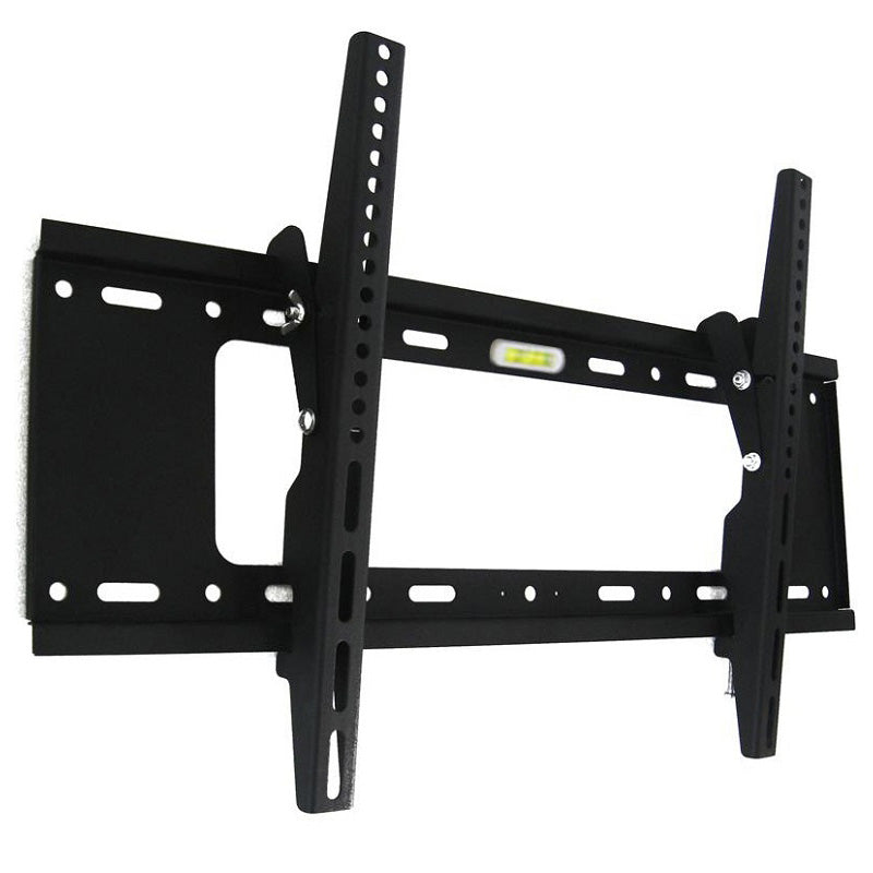 TV wall mount bracket, flat tilt with black metal rails and mounting holes