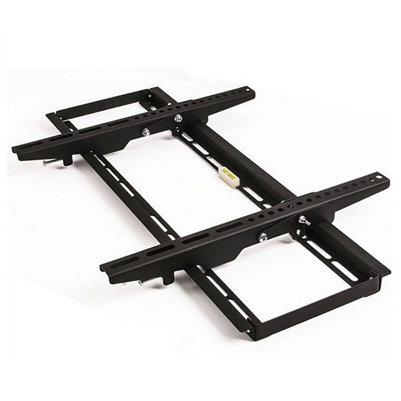 TV wall mount bracket with black metal arms, tilt bar, and adjustable hole rows