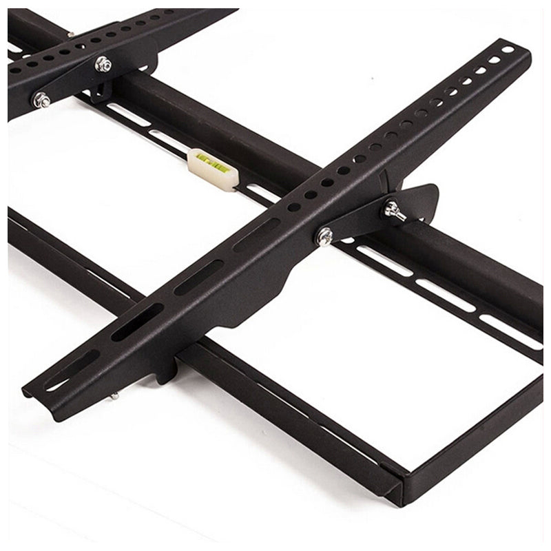 TV wall mount bracket close-up showing black crossbar, tilt hinge, and bolt points