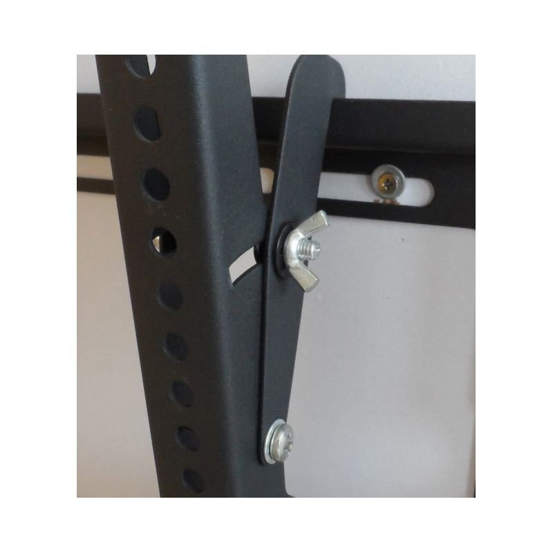 TV wall mount bracket close-up on black rail with metal screws and hardware