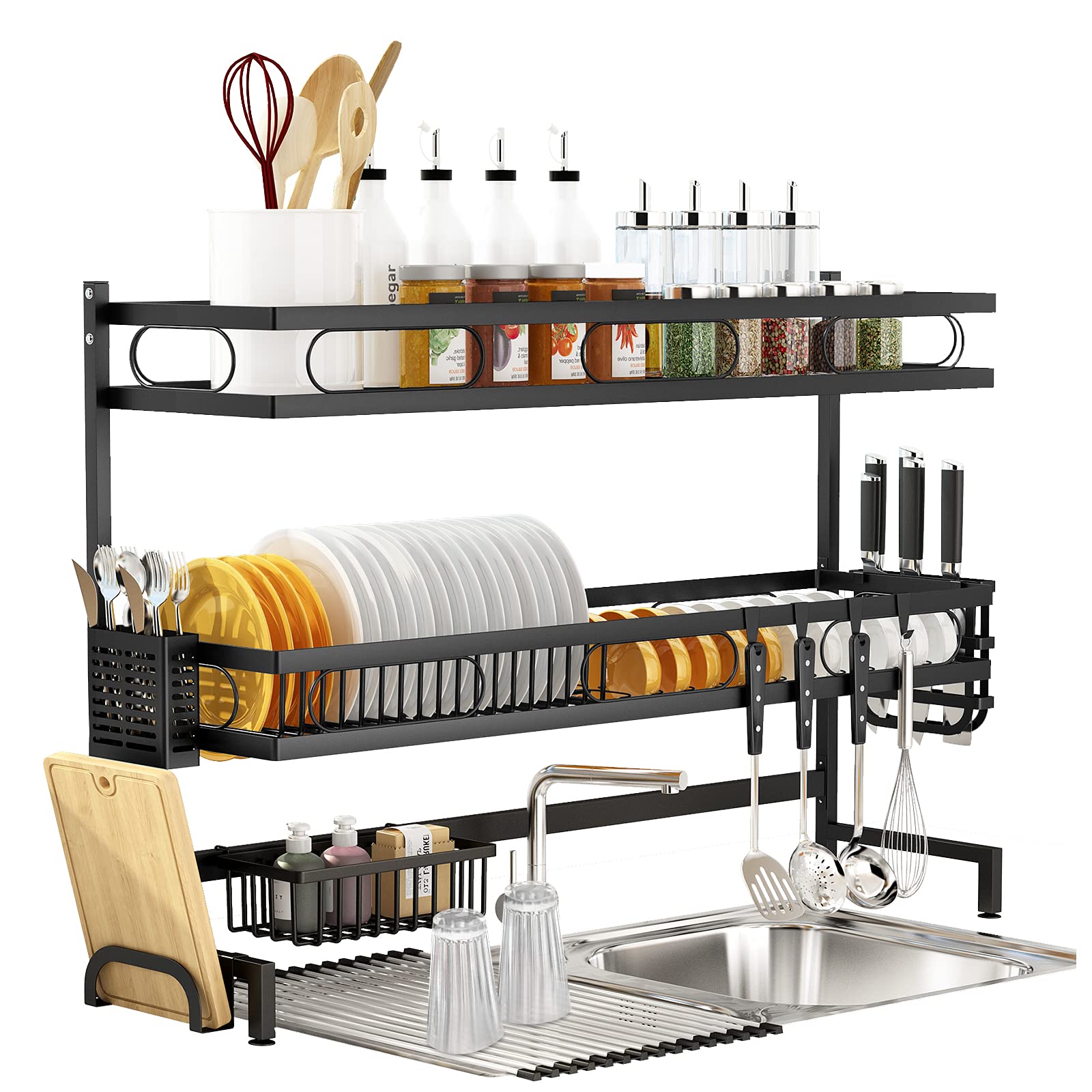 3-tier over-sink dish drying rack with utensil holders and side knife slots