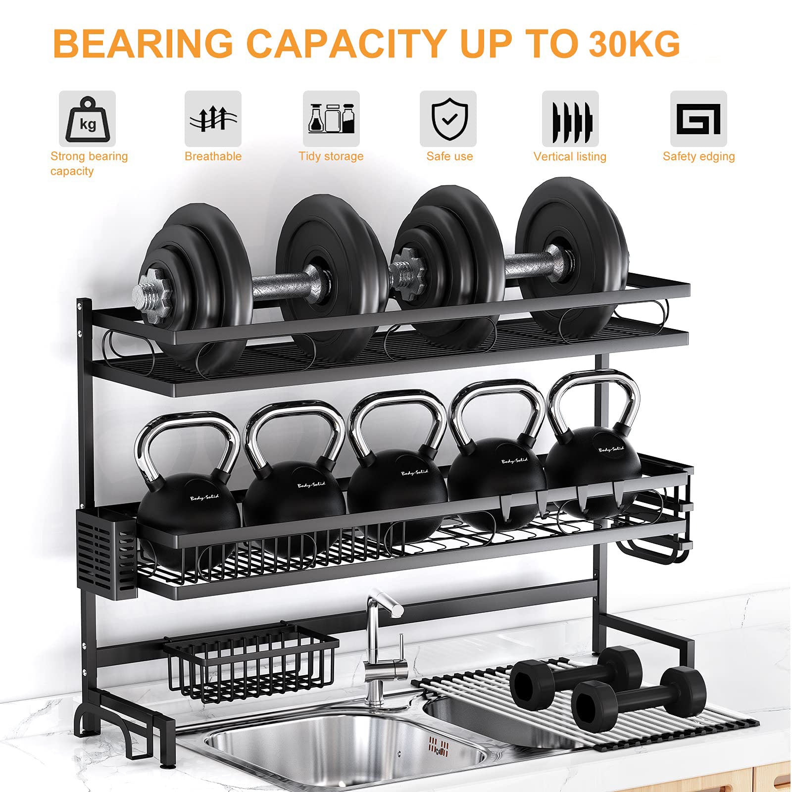 Black metal 3-tier over-sink dish rack with hanging kettles and pan support bars