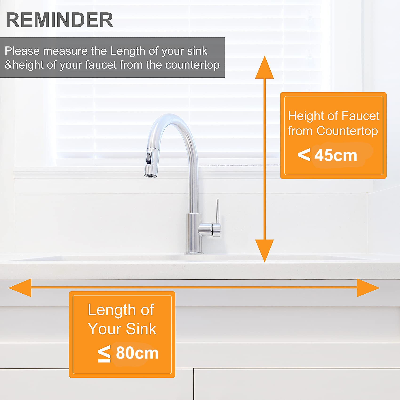 Over-sink dish rack sizing diagram showing faucet height and sink length requirements