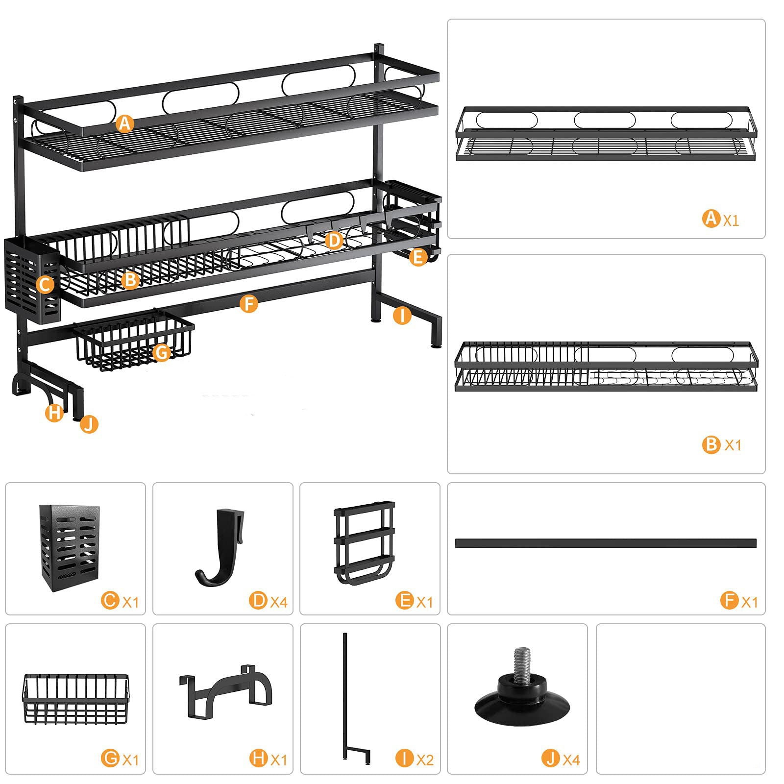 3-tier over-sink dish rack parts diagram with labeled components and mounting pieces
