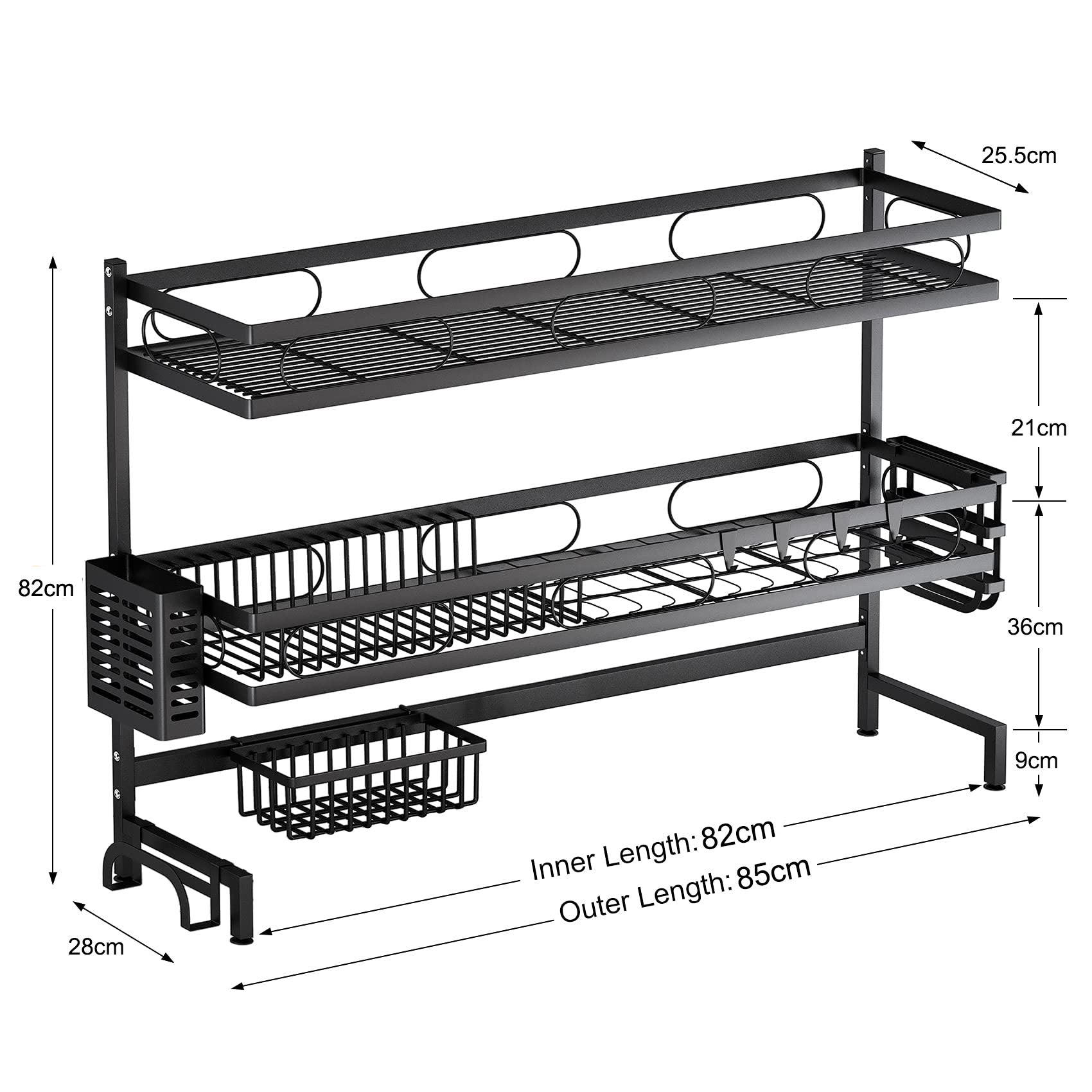 3-tier over-sink dish rack with draining shelves, lower basket, and faucet/space dimensions