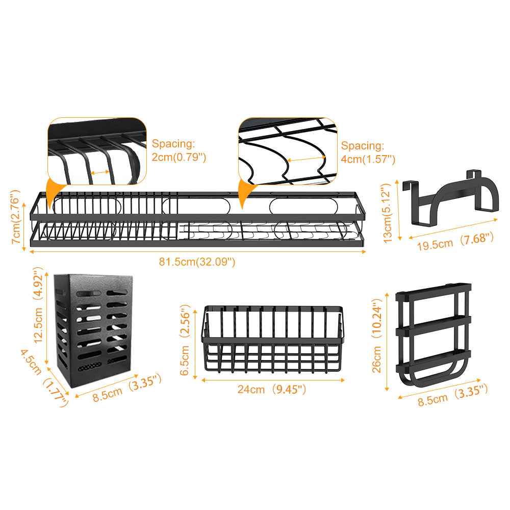 3-tier over-sink dish rack with wire shelves, adjustable supports, and spacing measurements