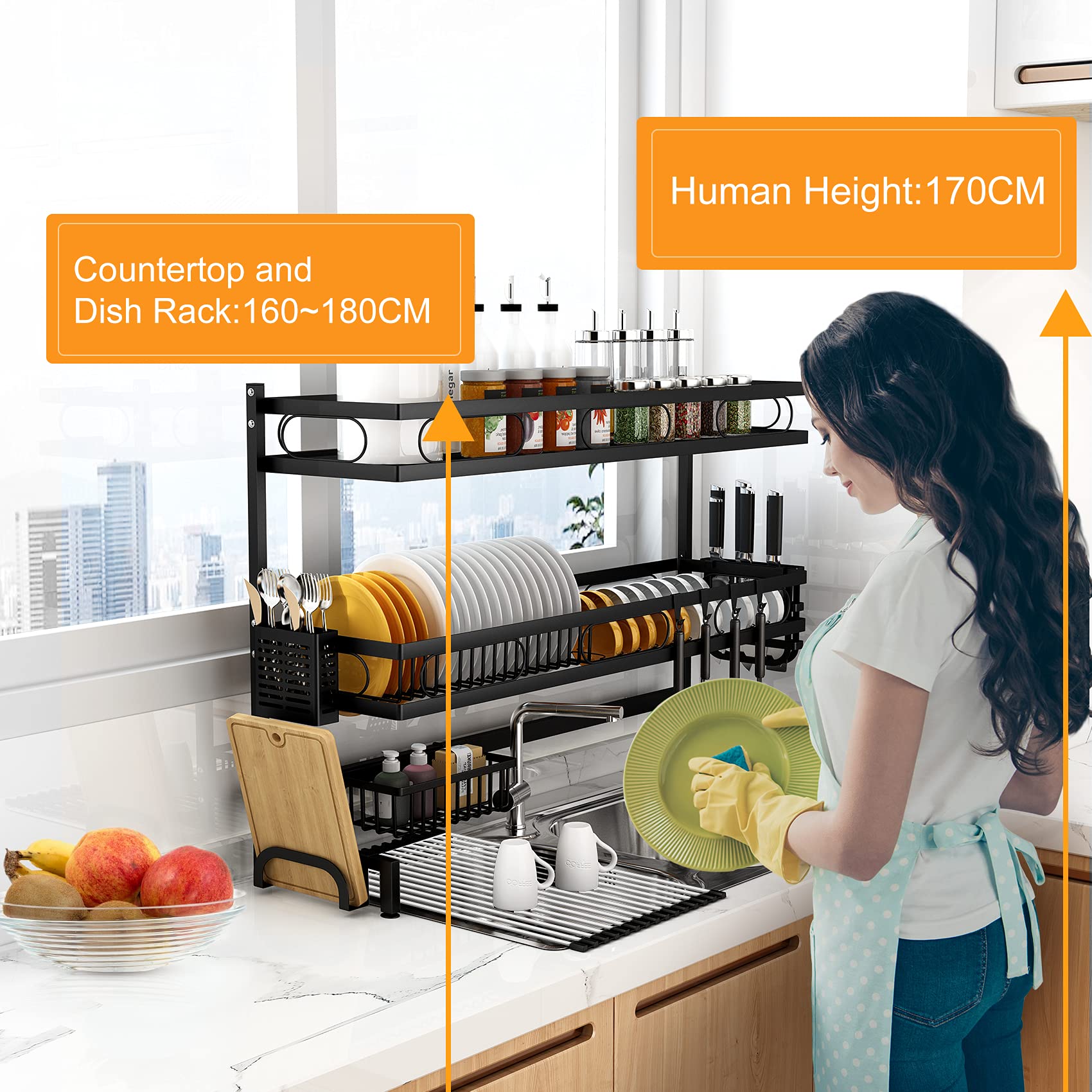 3-tier over-sink dish rack installed above sink with plate stand and utensil hooks