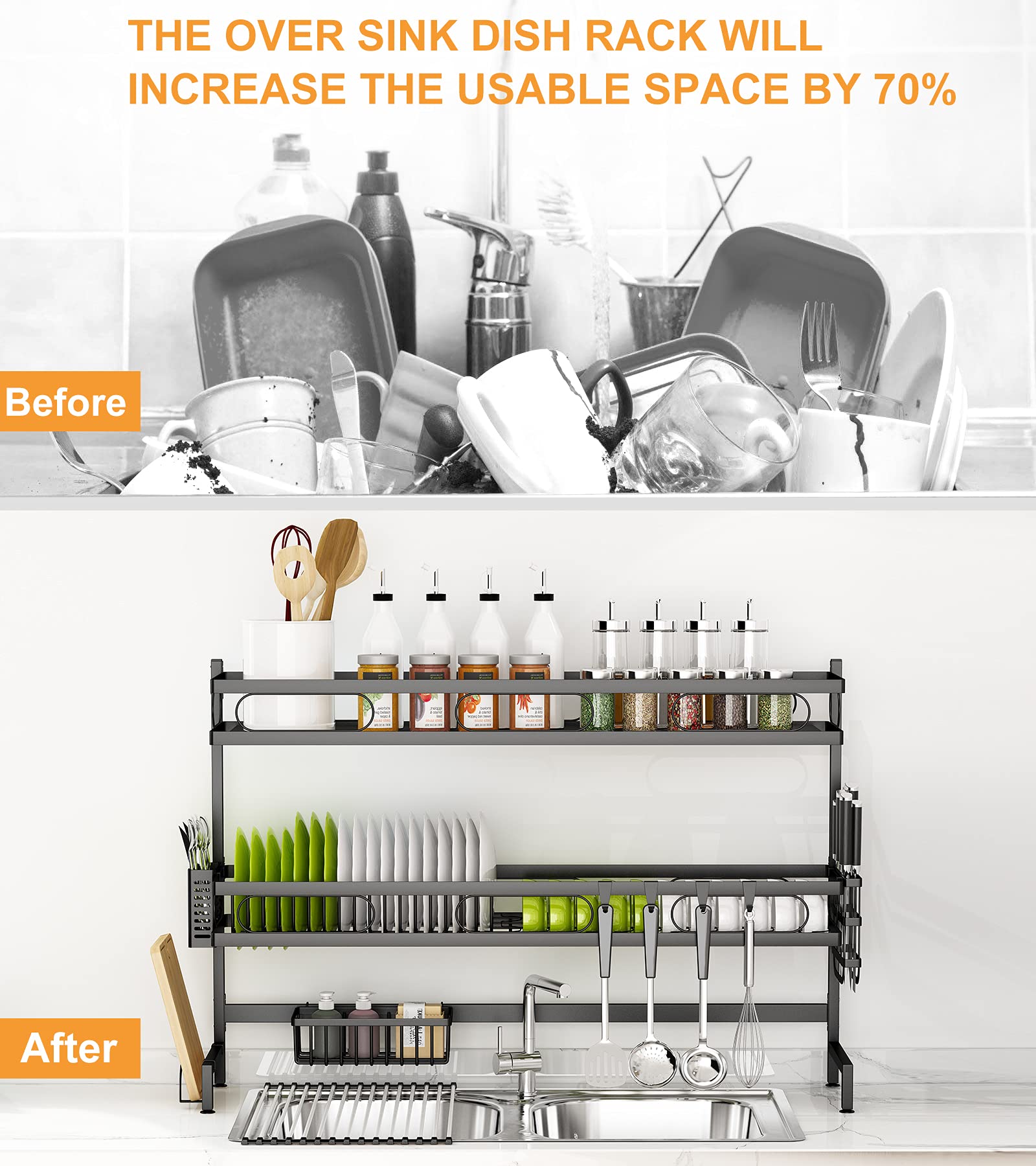 Over-sink 3-tier dish rack increasing counter space with before-and-after display
