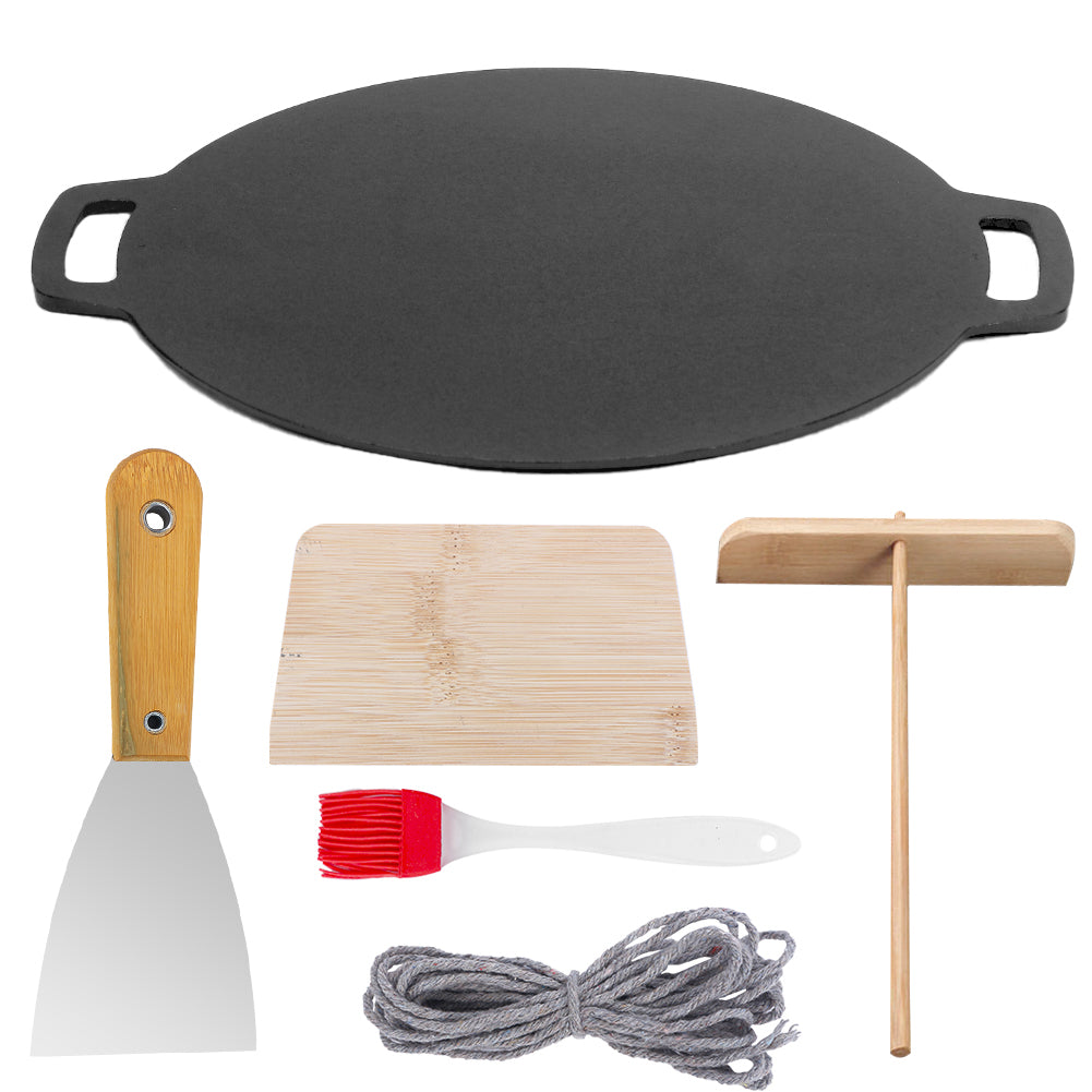 Seasoned cast iron crepes pan with two side loop handles, round cooking surface