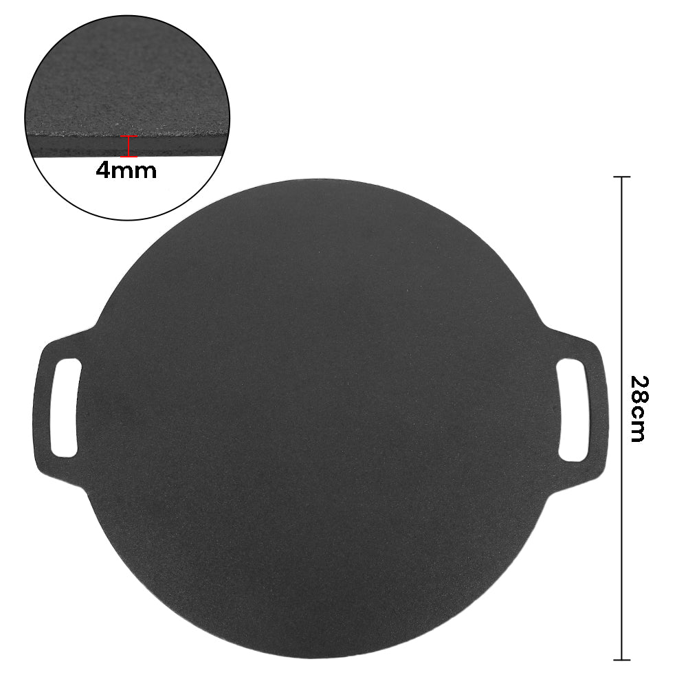 Seasoned cast iron crepes pan, round shape with side handles and 4mm surface