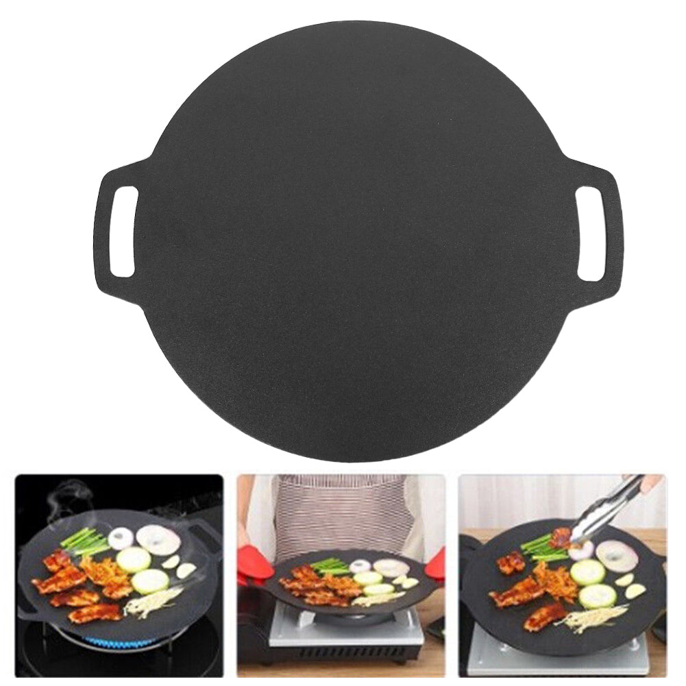 Seasoned cast iron crepes pan with two side loop handles, round flat cooking surface