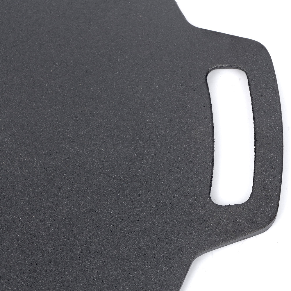 Seasoned cast iron crepes pan with rectangular handle cutout