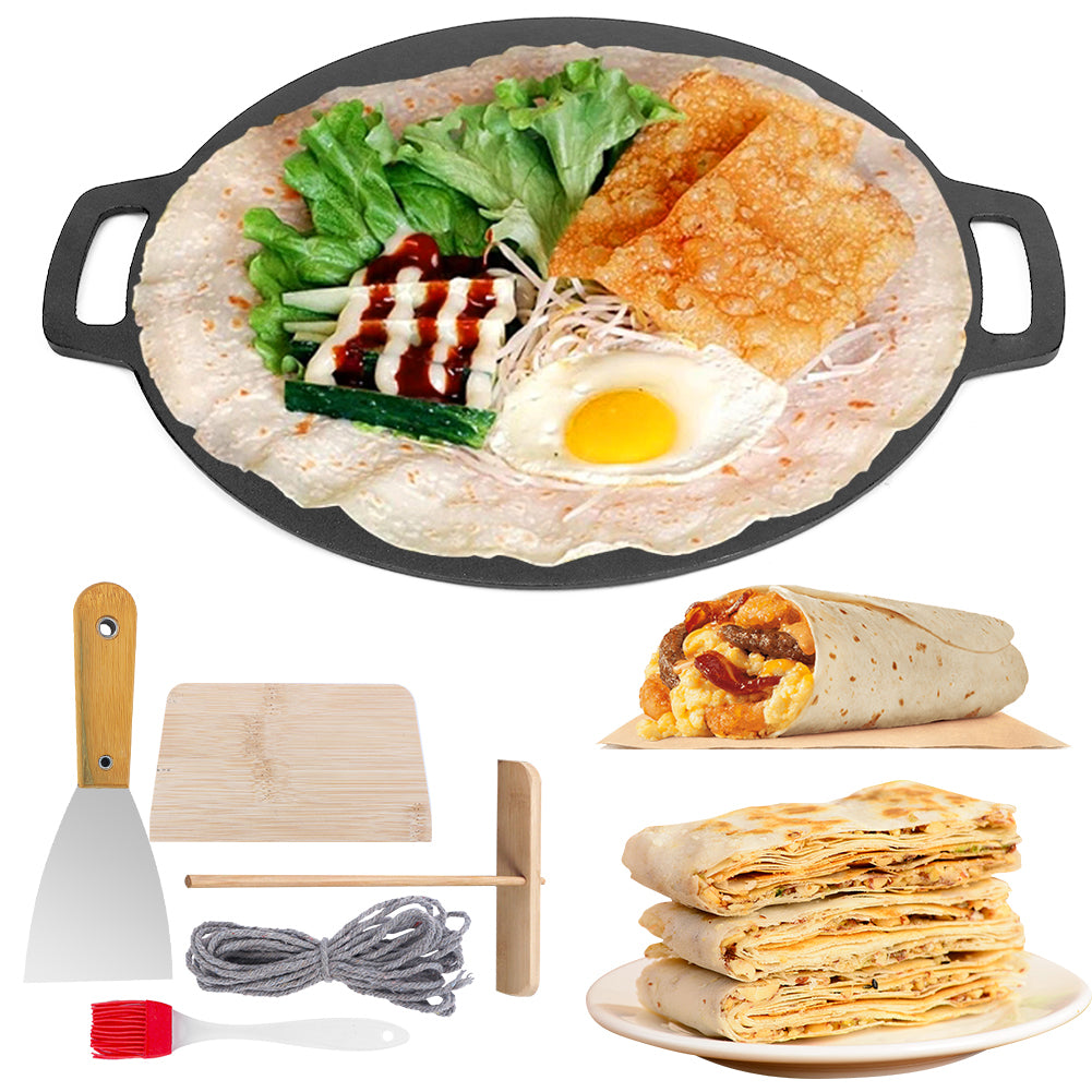 Seasoned cast iron crepes pan with two side handles, round cooking surface