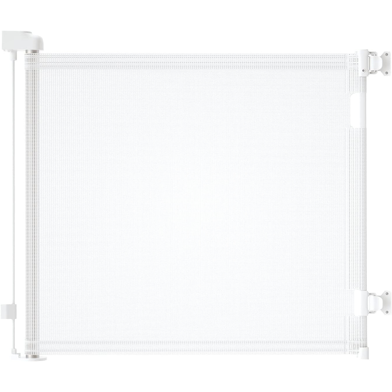 White retractable mesh safety gate with wall mounting posts and side brackets