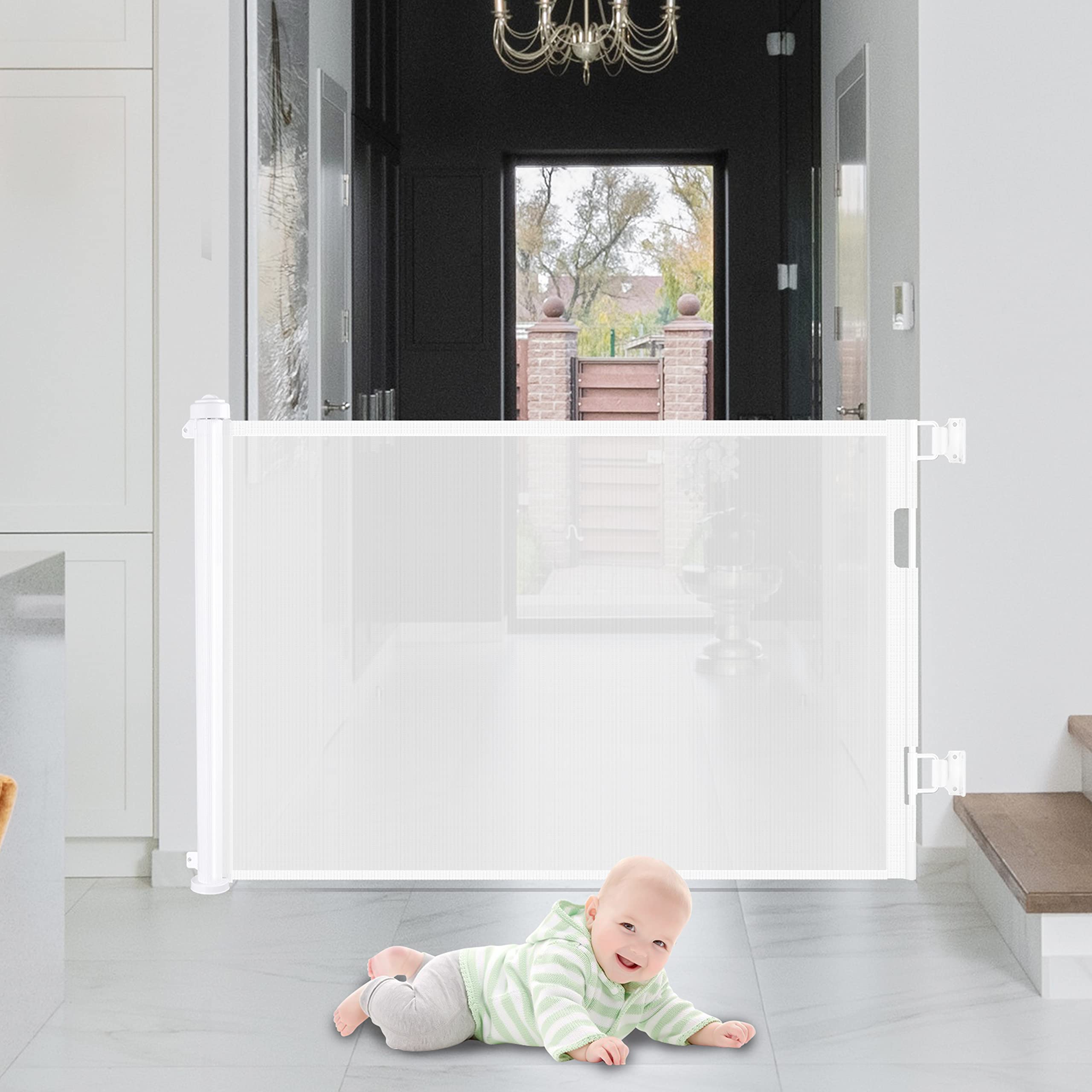 White retractable safety gate across a doorway with latch and mounting brackets