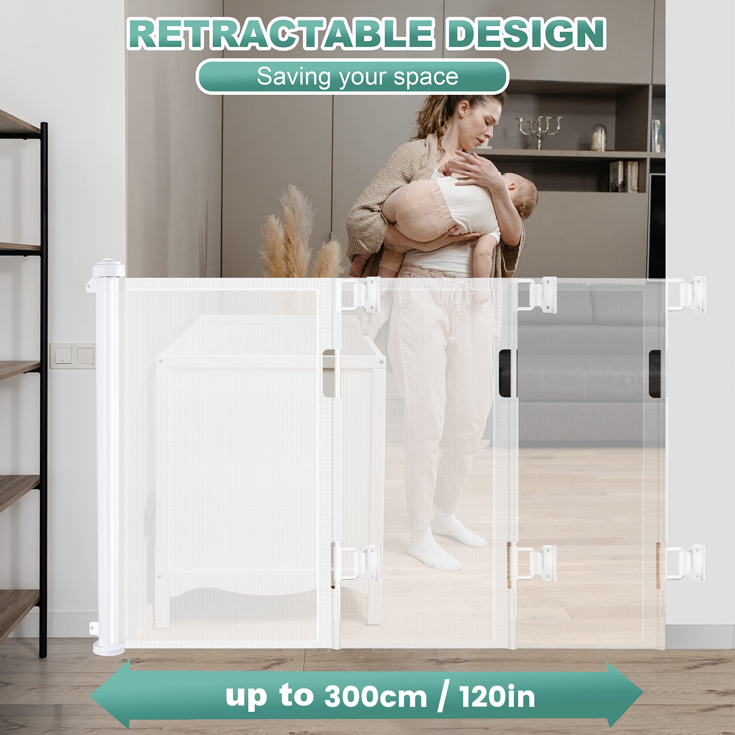 White retractable safety gate panel set in a room, expanded between posts
