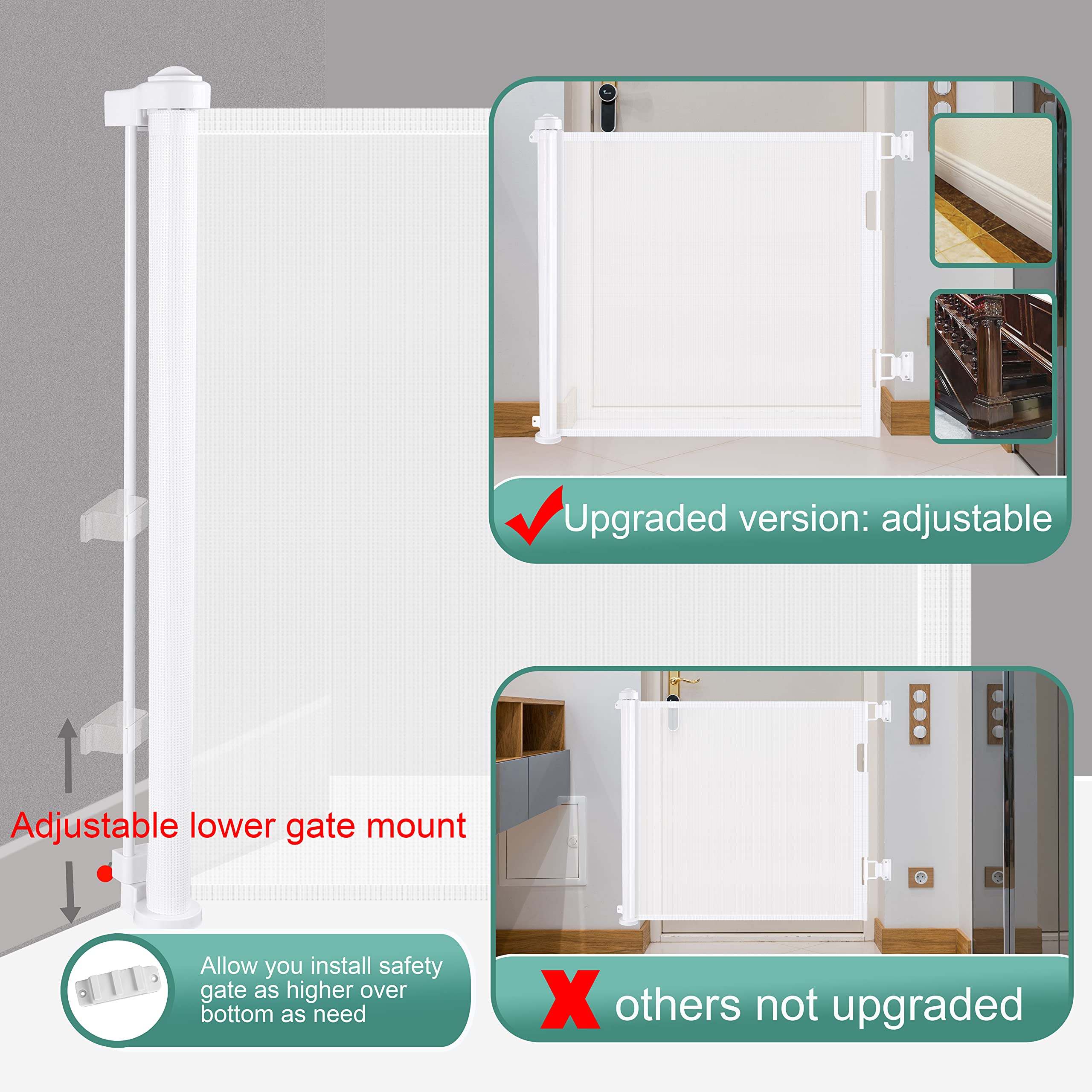 White retractable safety gate with adjustable lower mount and installation hardware