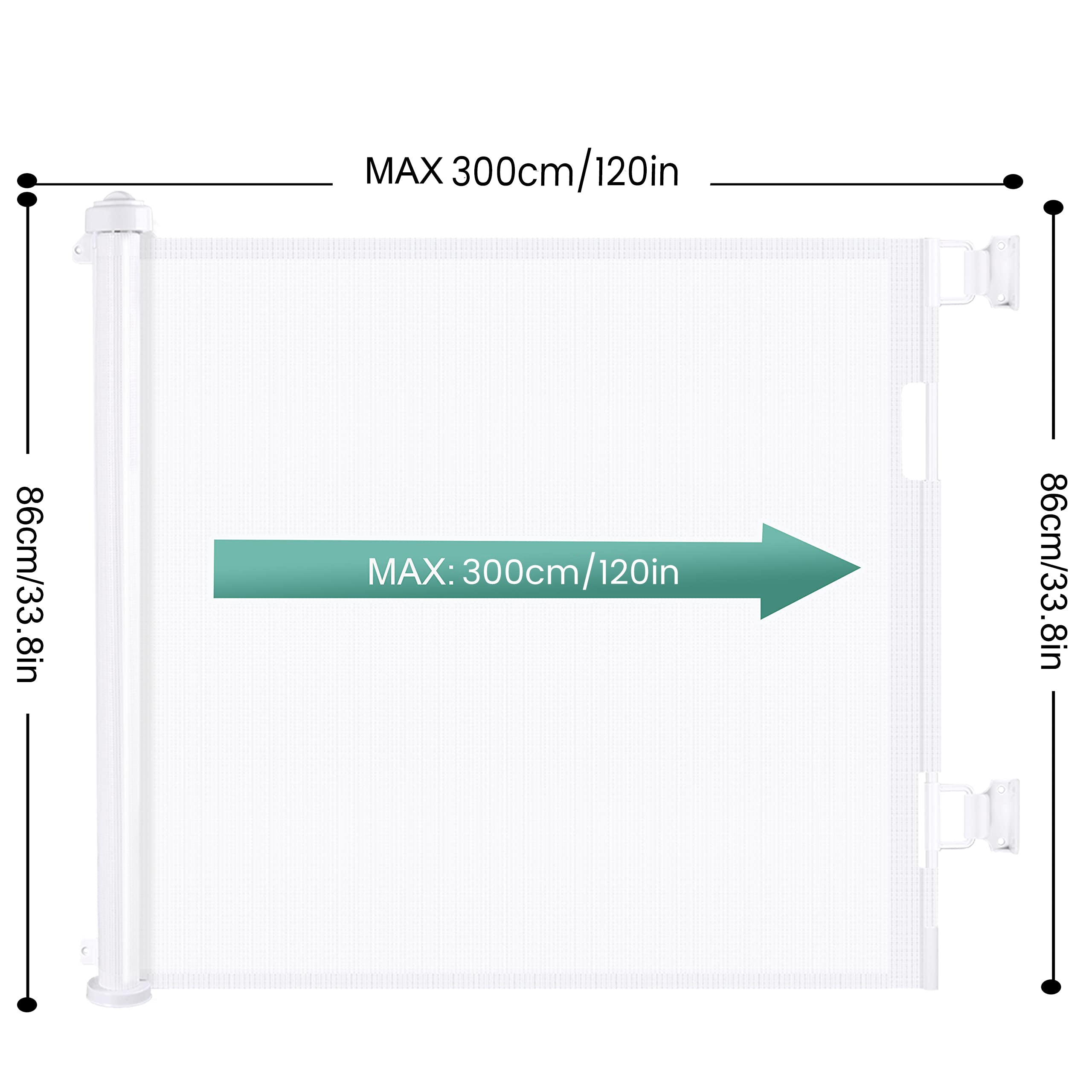 White retractable safety gate with two mounting posts and length measurement arrows