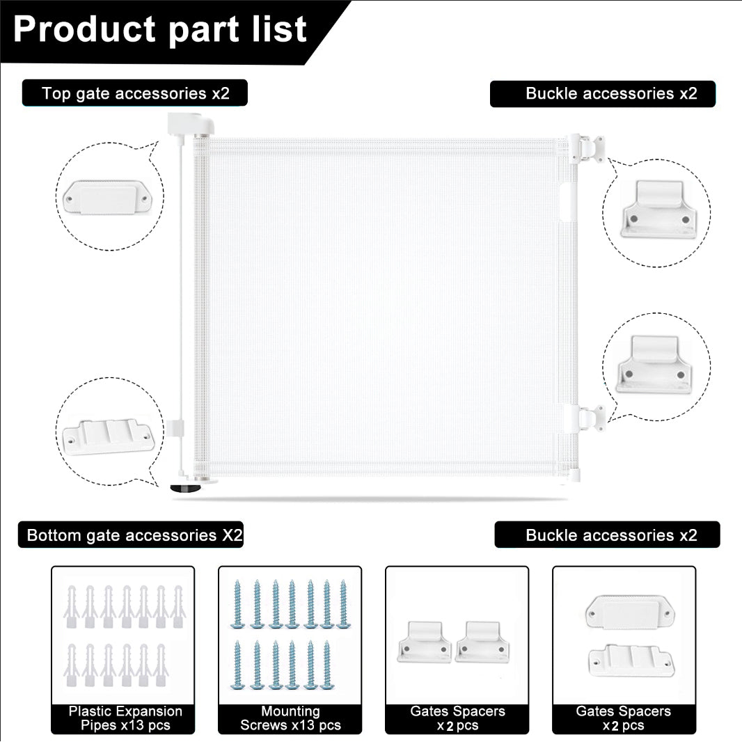 Retractable safety gate accessory parts diagram with top and bottom gate pieces