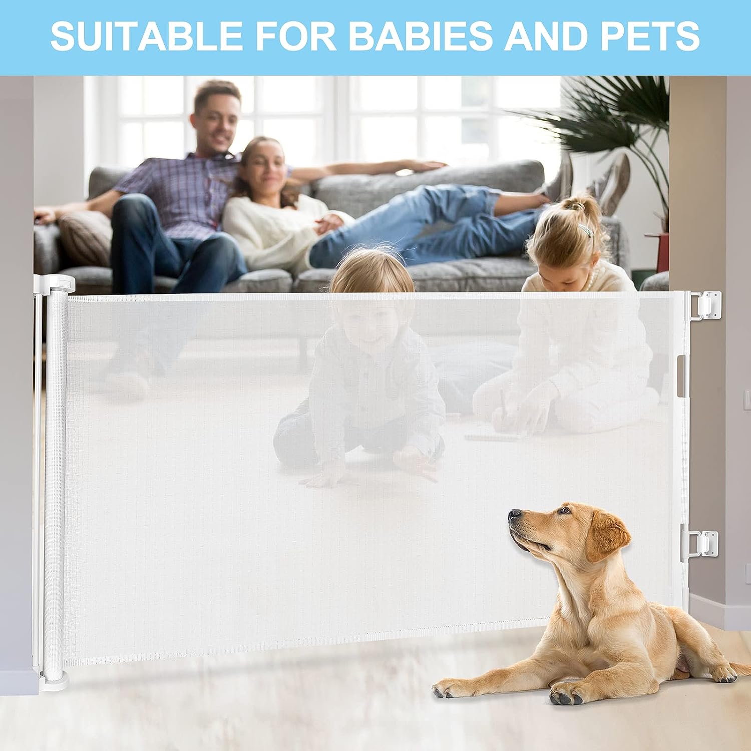White retractable safety gate separating a living room with a dog on one side