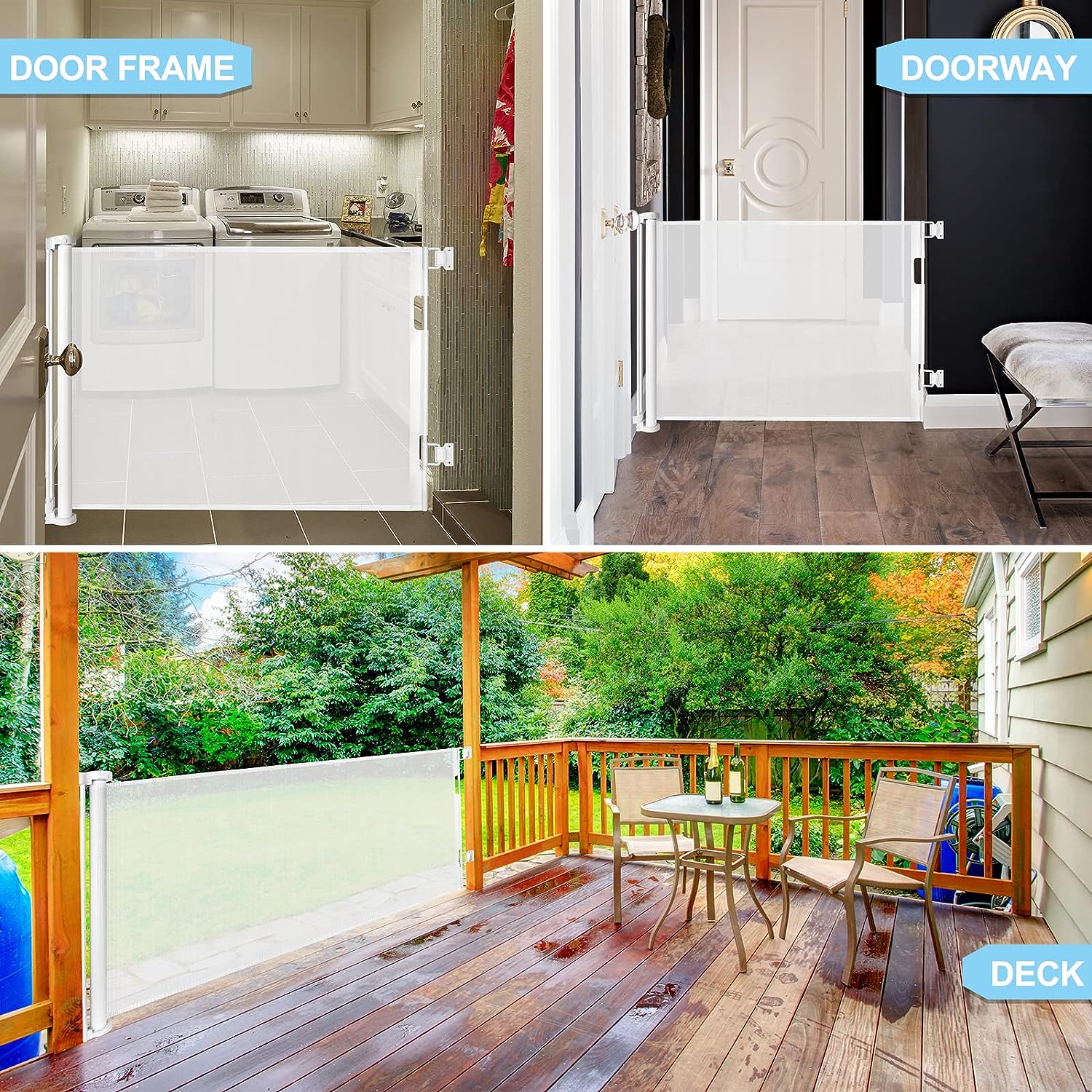 White retractable safety gate installed in a doorway and on a deck railing