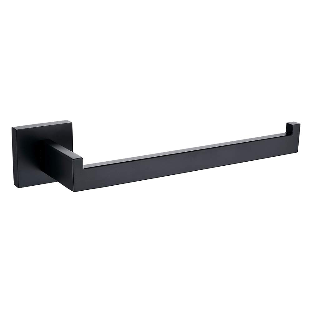 Black square wall-mounted towel holder ring with flat bar, modern bathroom accessory