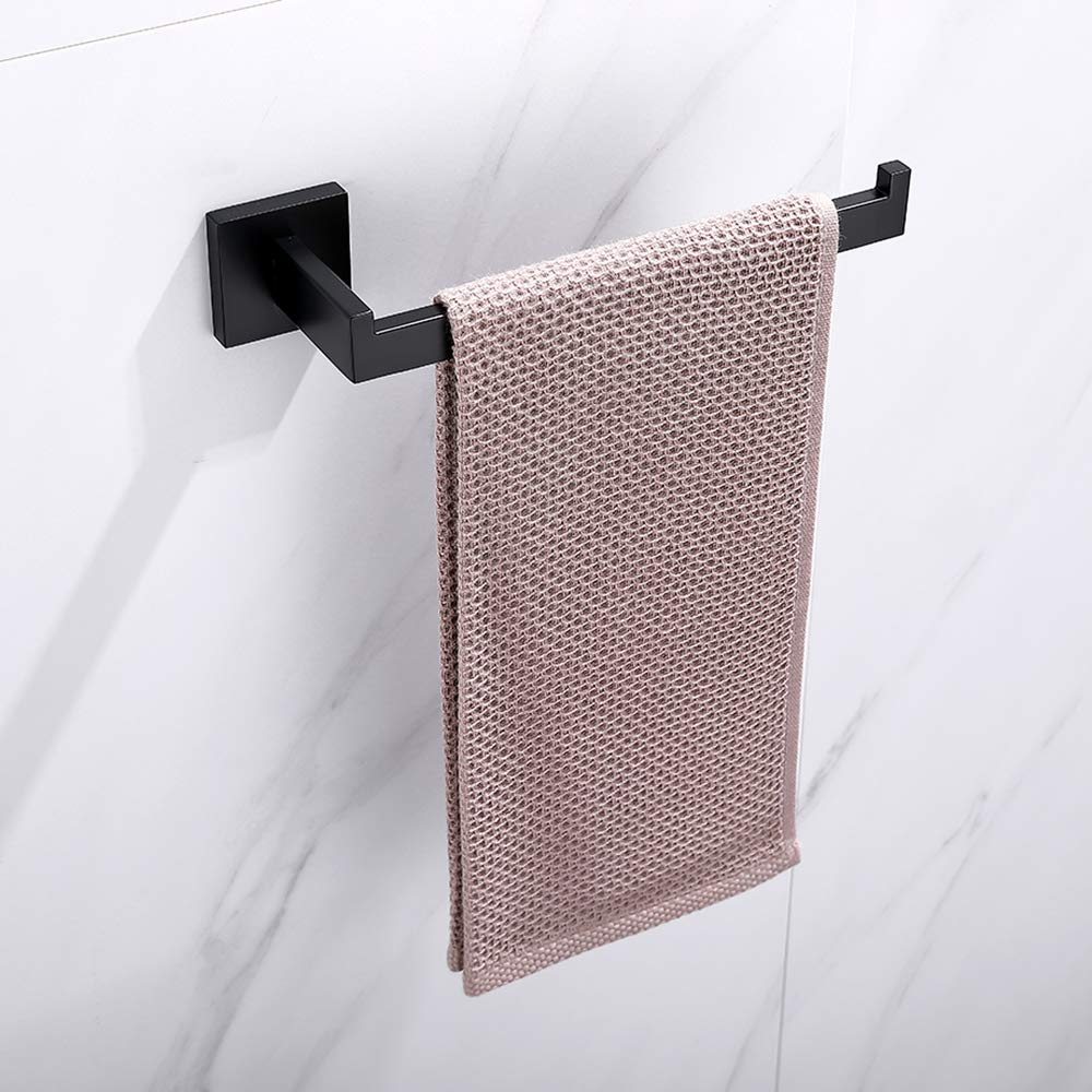 Black square wall towel holder with extended bar, holding a hand towel on rack