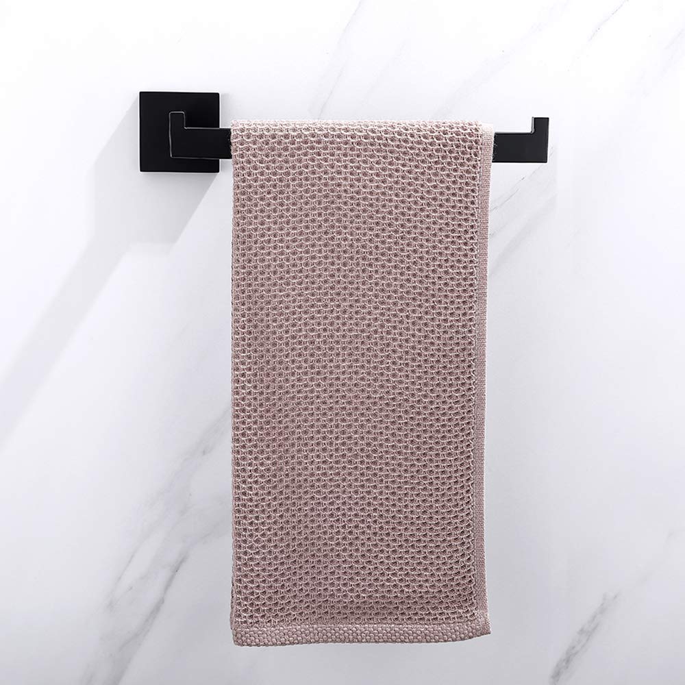 Black wall-mounted towel ring bar with square back plate, hand towel hanging