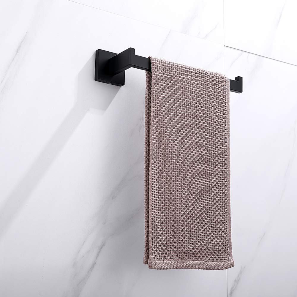 Black wall-mounted towel holder with square mounting plates and long bar, towel hanging