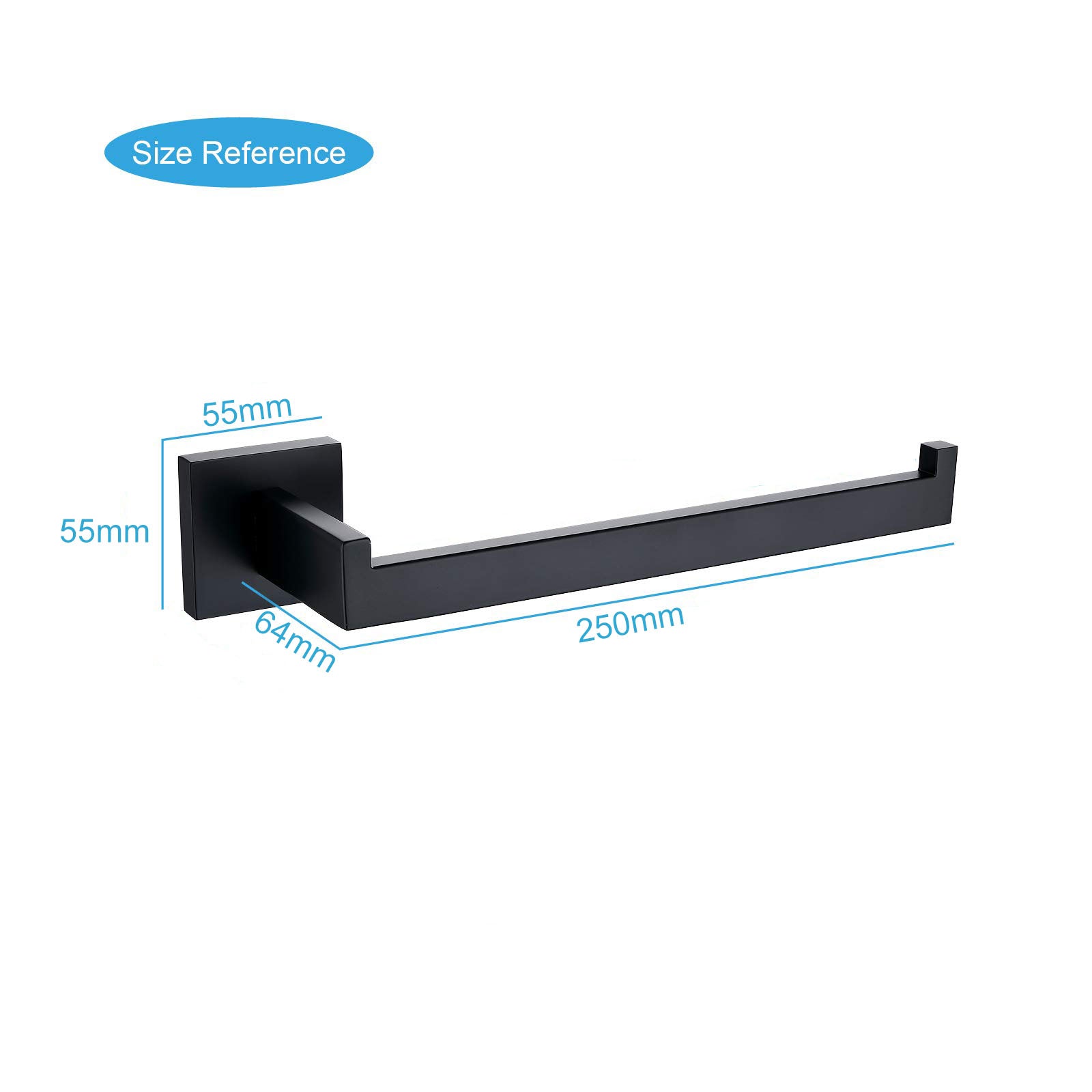 Black square towel bar wall mount, size reference diagram showing bar length