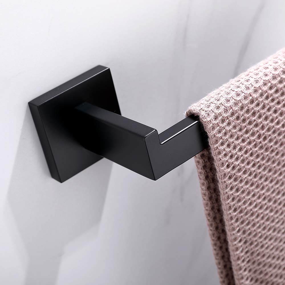 Black square wall towel holder with thick bar and inset ring, towel edge shown