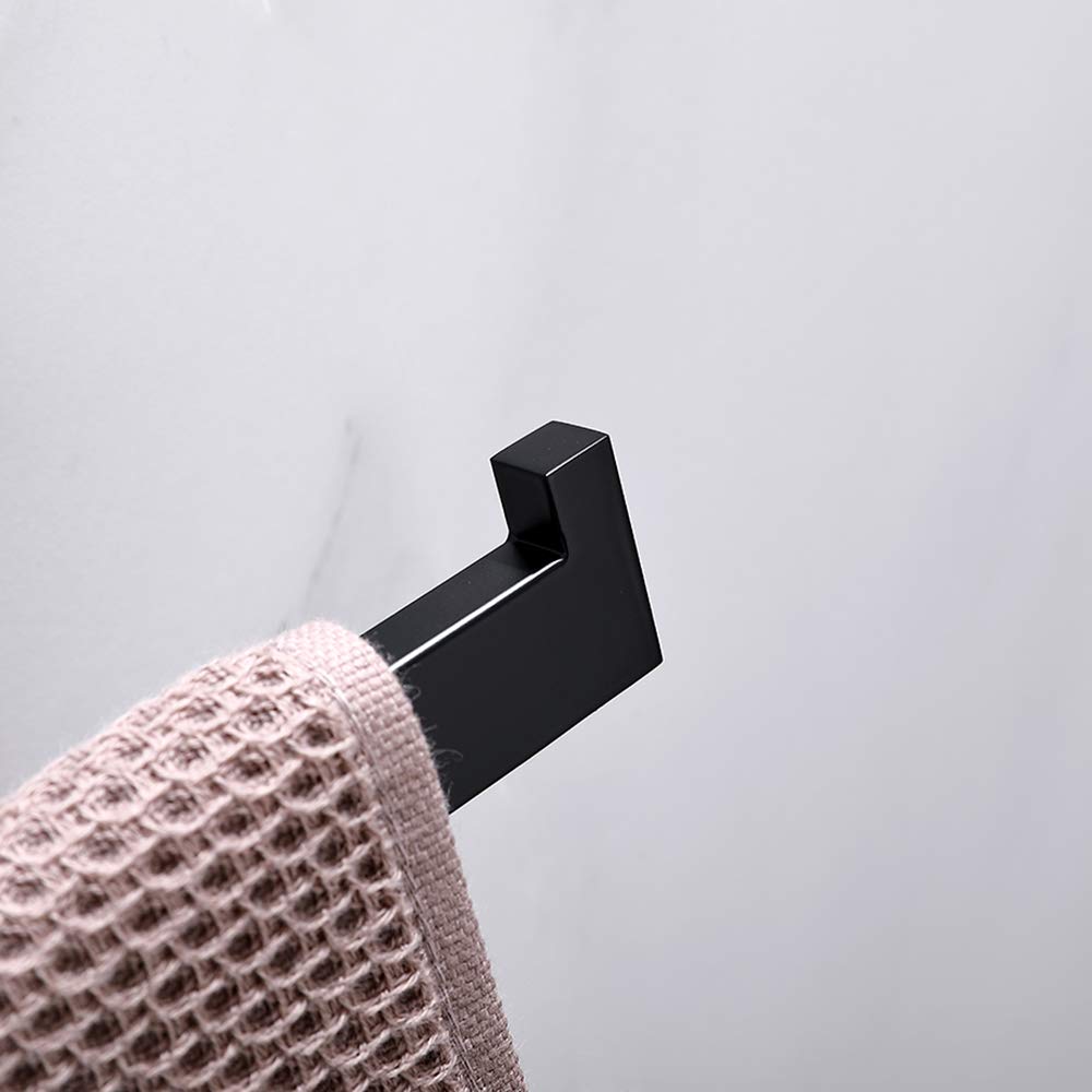 Close-up of black square wall-mounted towel holder ring and support bar