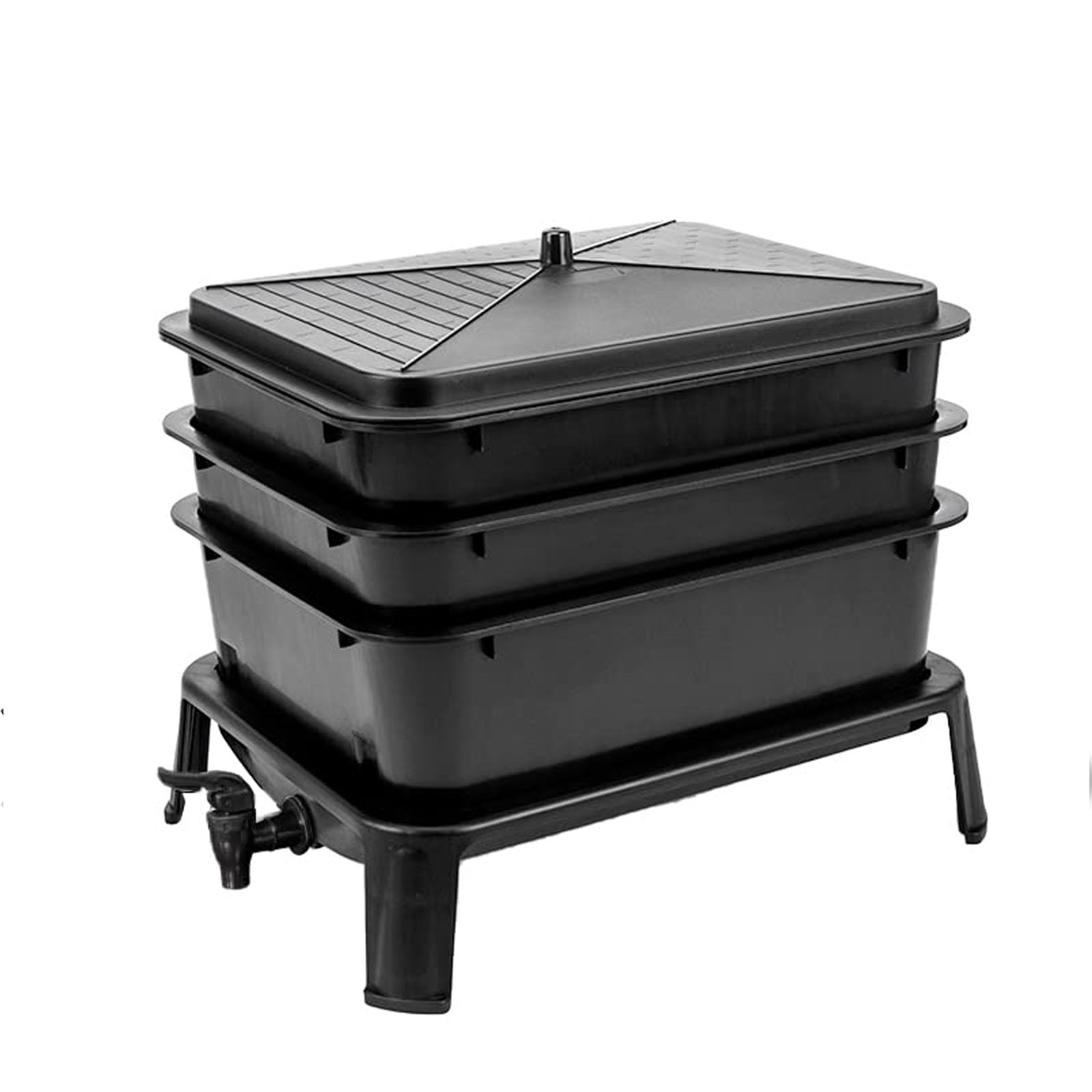 Black plastic worm composter with stacked 4 trays and flat vented lid, side spigots