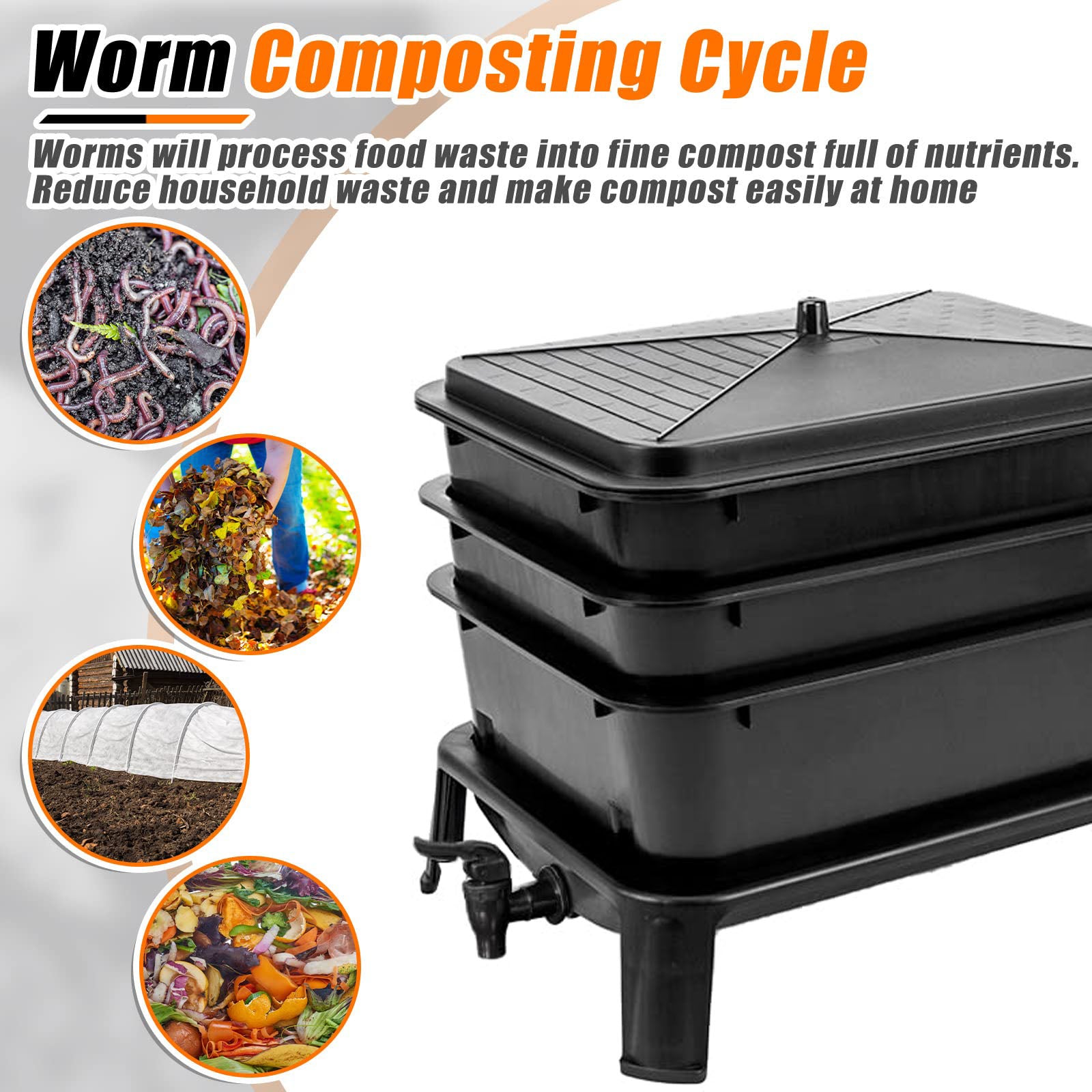 Black worm compost bin with stacked trays and square vented lid on four legs