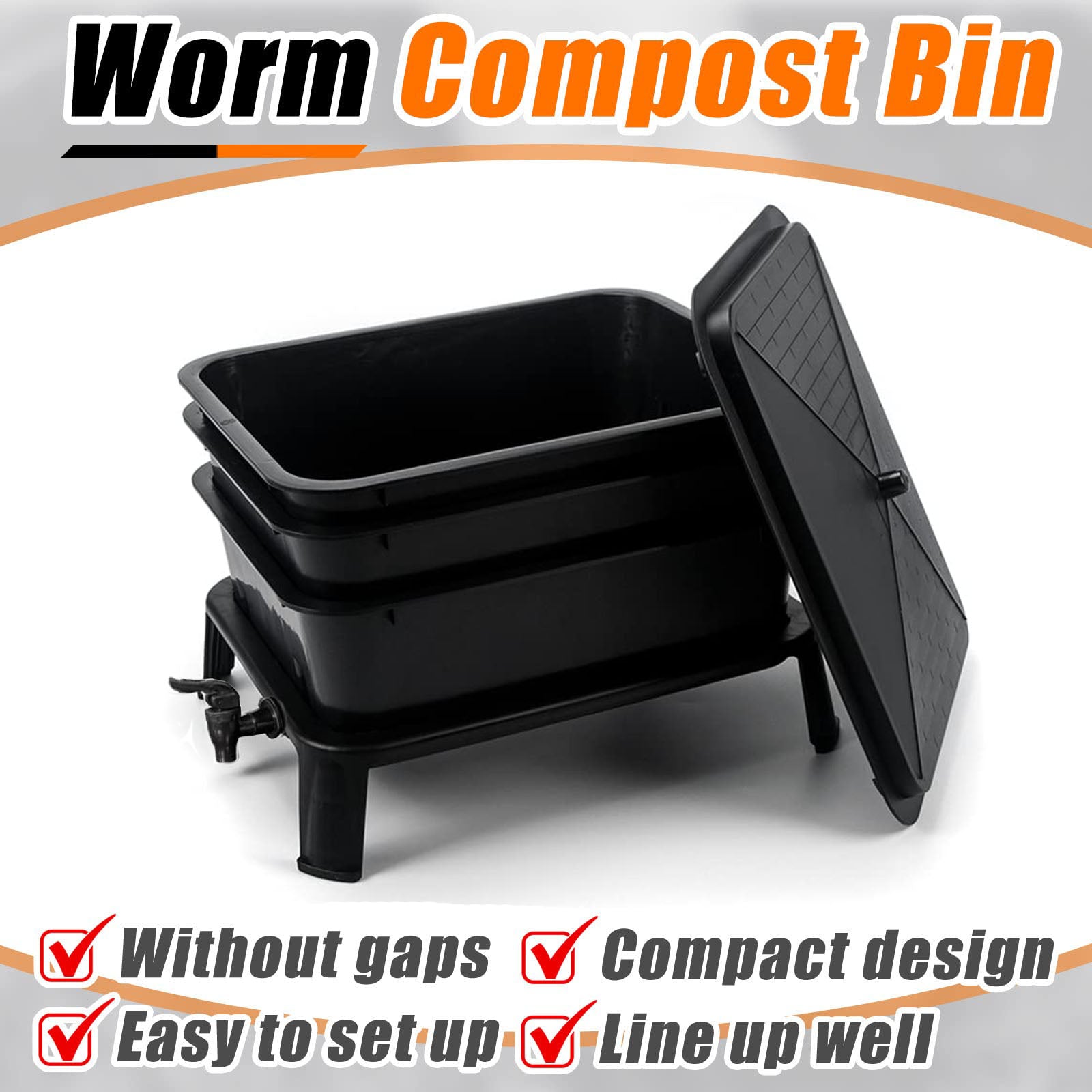 Black worm compost bin with open lid and two stacked inner trays, side spigots