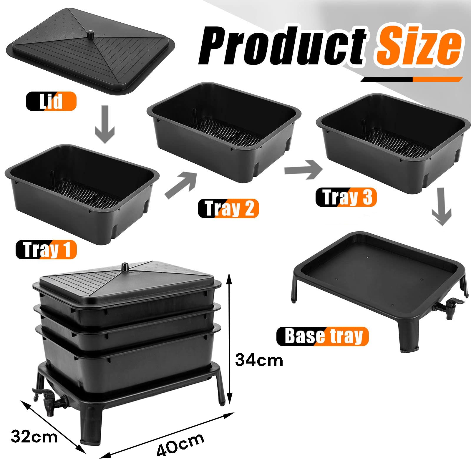 Worm compost bin parts showing cover, tray 1–3, and base tray with legs