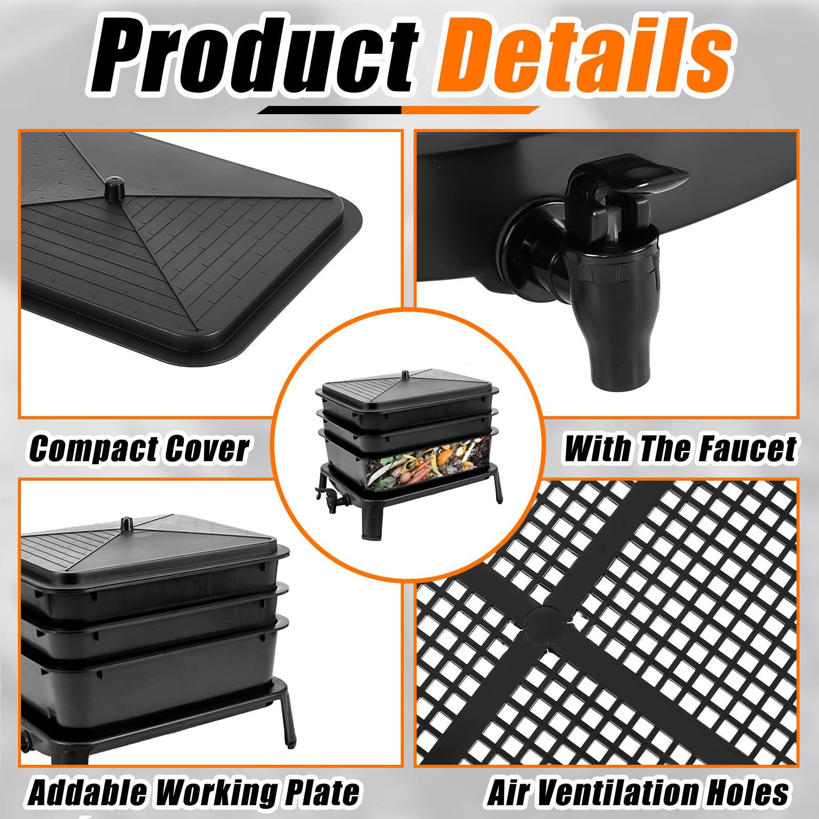 Worm composter detail: compact lid, faucet port, and ventilated base tray grid