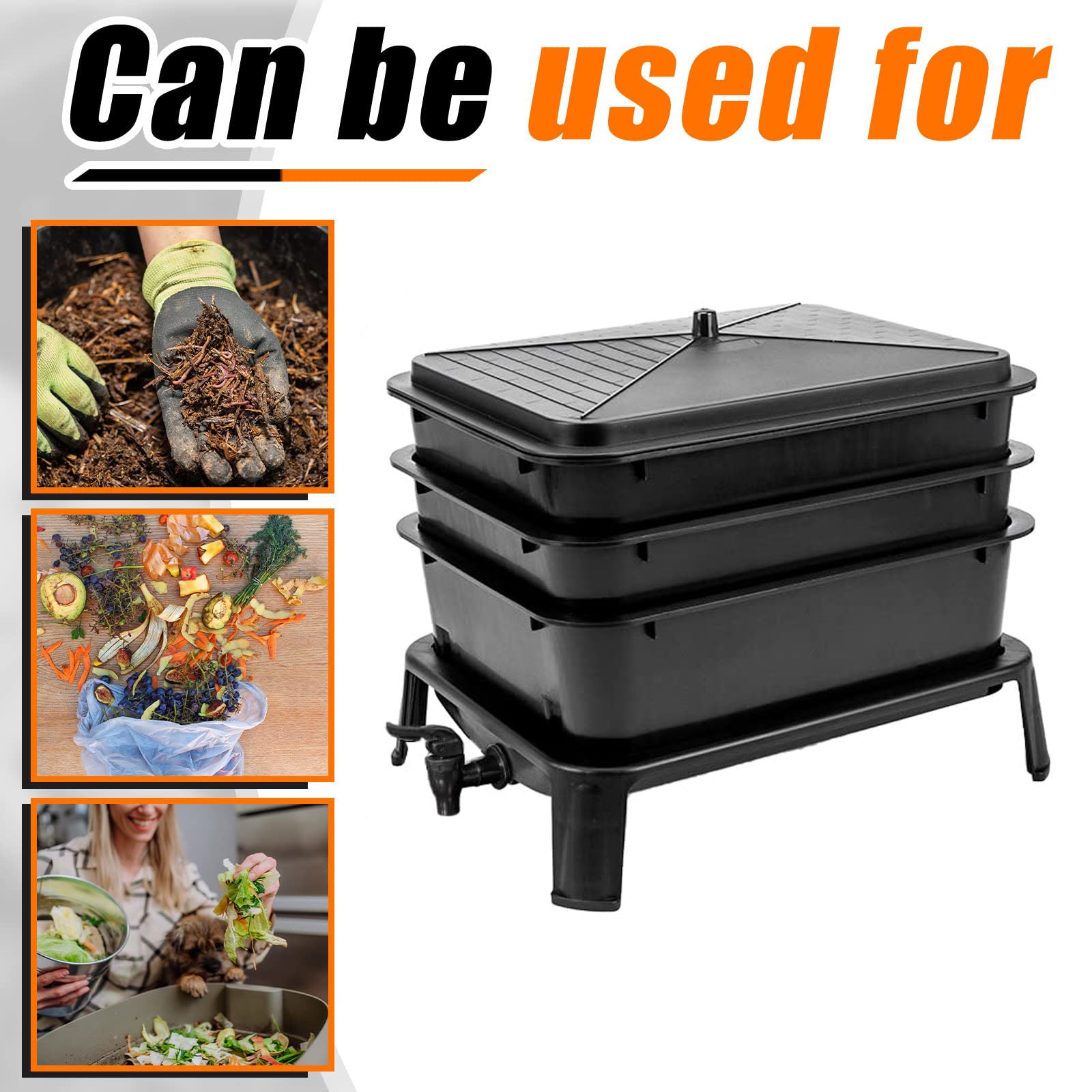 Black worm compost bin on legs with vented square lid and stacked trays