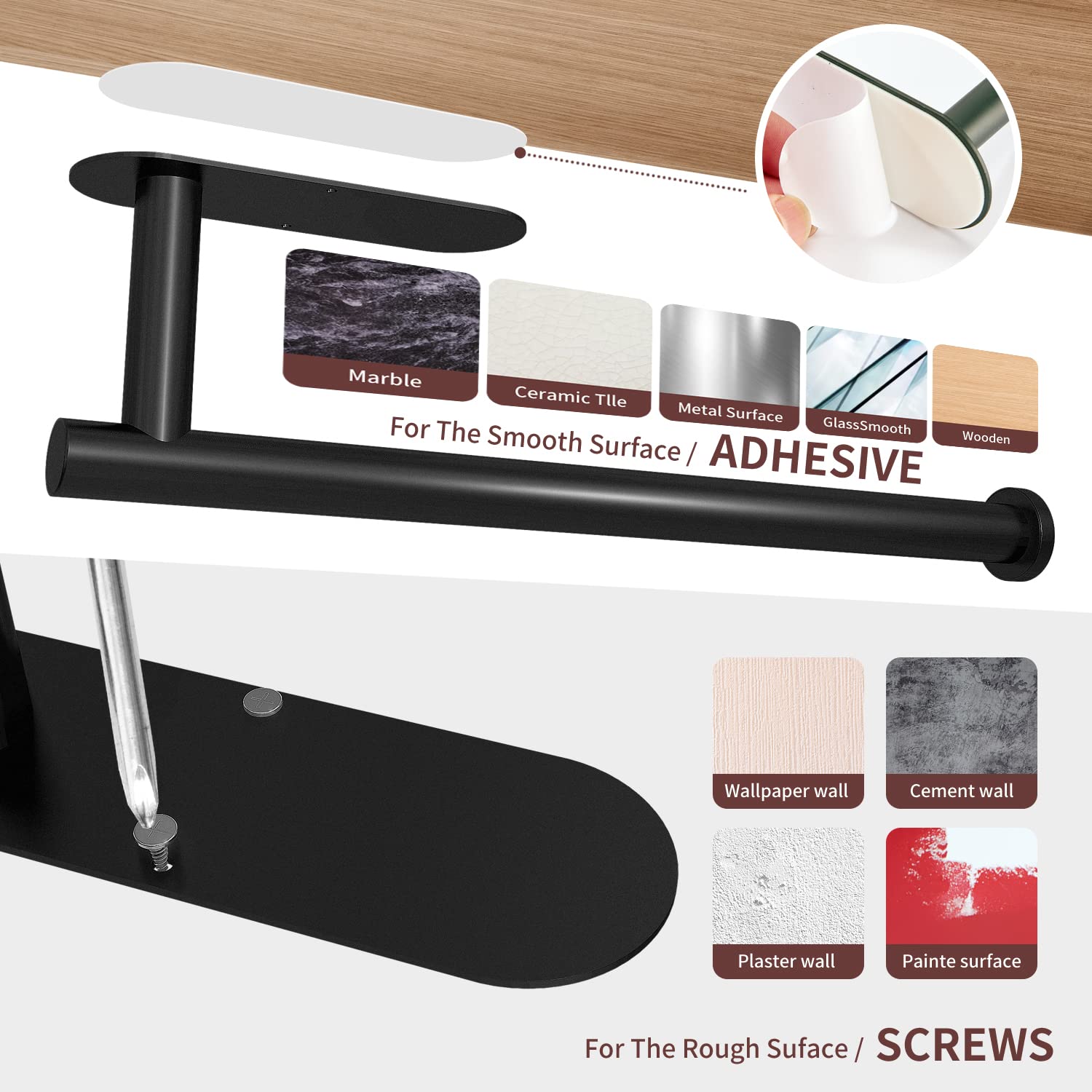 Cabinet Wall Mount Adhesive Paper Towel Holder Black